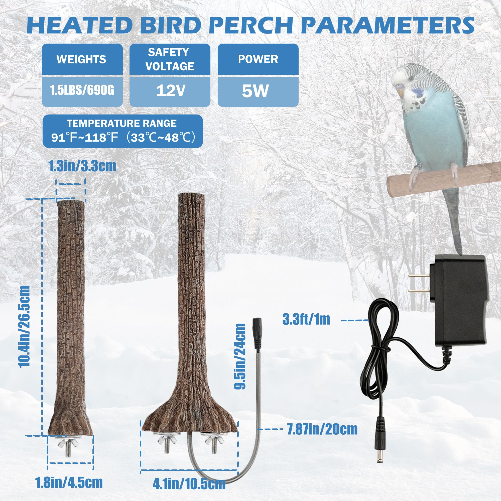 Beheizte Vogelstange für Käfig, Winter, 37,8 °C - 40,6 °C, konstante Temperatur, Vogelheizung für Papageien, Sittiche, Nymphensittiche, kleine Vögel