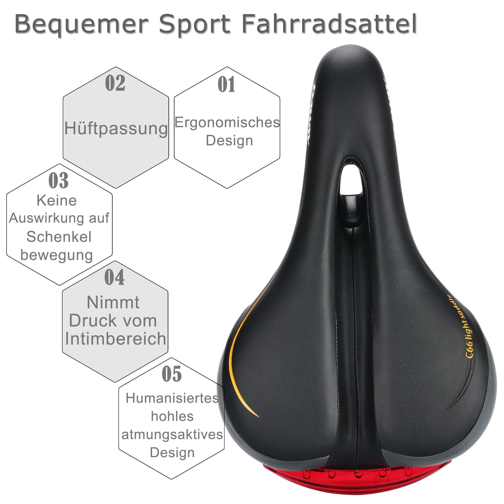 DAWAY C66 Comodo sellino per bicicletta, per uomo, donna e bambino, in pelle e PVC, con luce posteriore, adatto a mountain bike e alla maggior parte delle biciclette, impermeabile, morbido, nero
