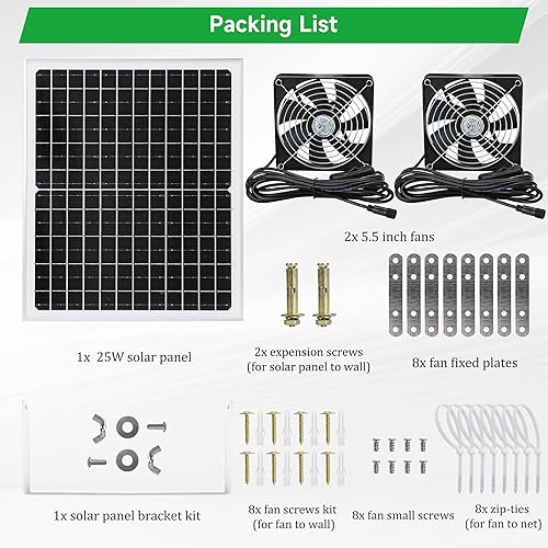 Miniatura 7 de Kit de ventilador doble solar para aire de entrada o escape, ventilador alimentado por panel solar de 25 W para gallinero, invernadero, ventiladores