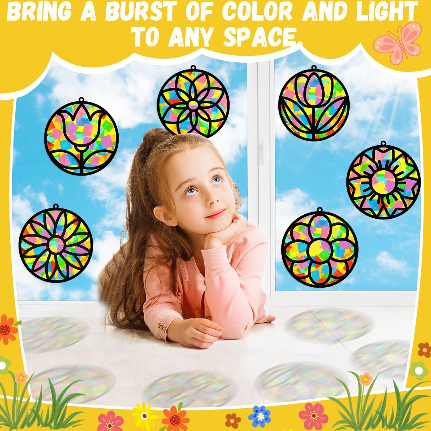 32 Sets Spring Floral Suncatchers Craft Kit DIY Window Stained Glass Effect Paper Crafts Home School Classroom Decoration Kid Birthday Gift Creative Art Project & Activity Game