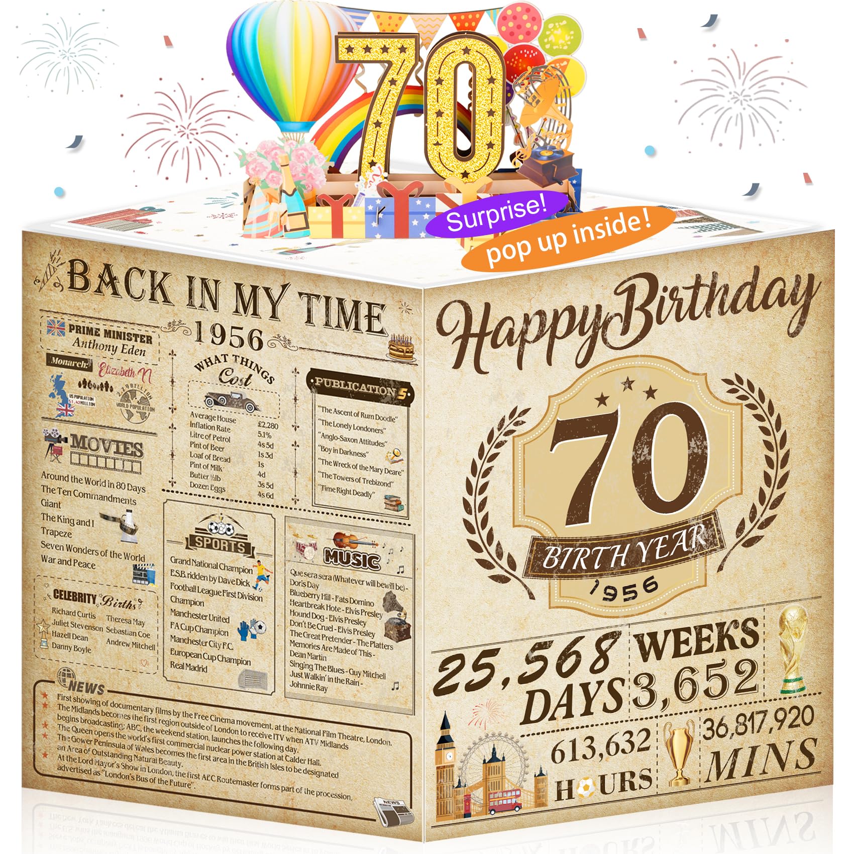 70th Birthday Cards Funny 3D Pop Up gifts with Envelope for Women Men Anniversary Party Table Decorations Born In 1956 70 Year Old Poster Greeting Card for Grandma Grandad Mum Dad Husband Wife Her Him