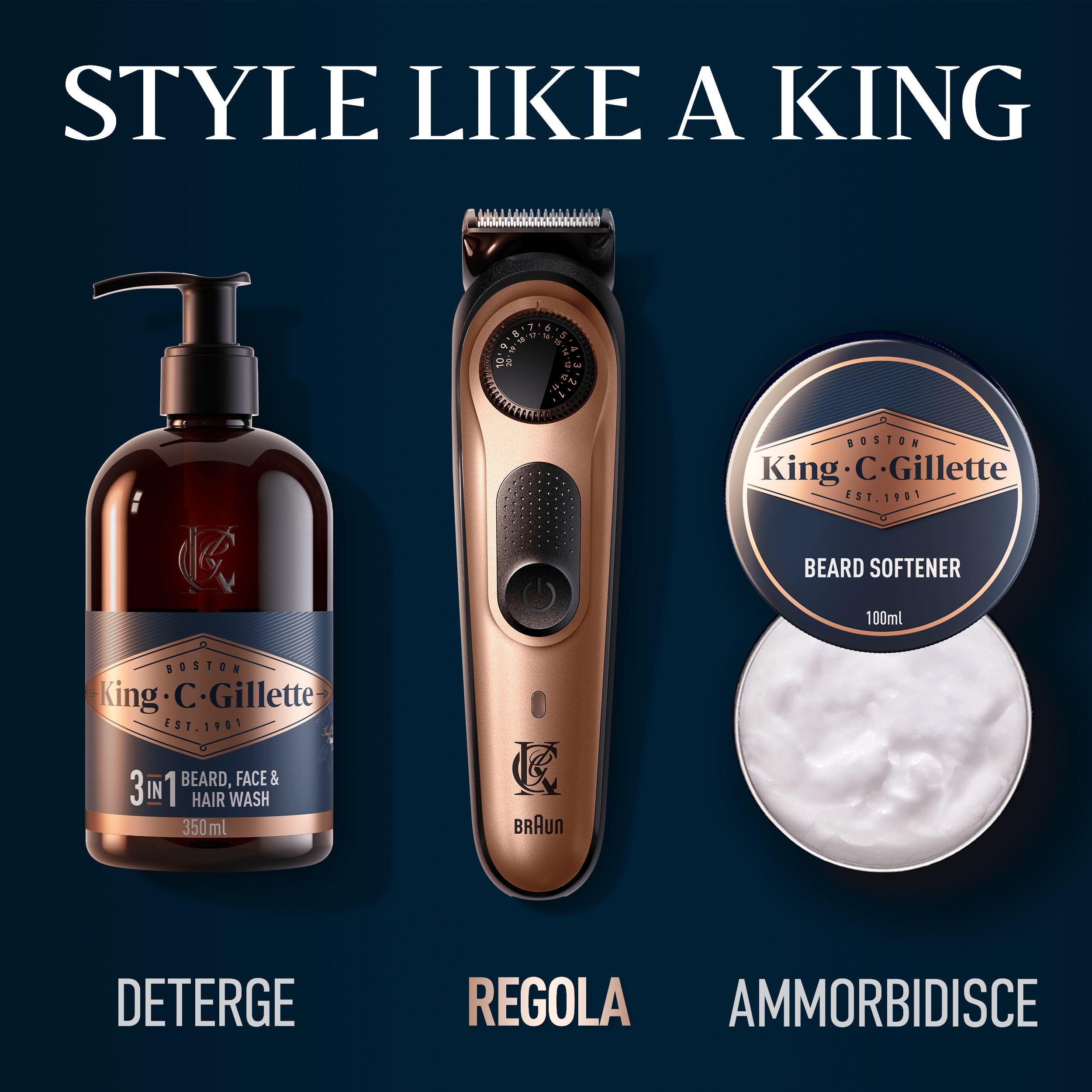 King C. Gillette Regolabarba Uomo Pro, Rasoio Elettrico Barba con Selettore di Precisione, 40 Impostazioni di Lunghezza, Lame in Metallo di Lunga Durata, Testina di Precisione e 2 Pettini Lavabili