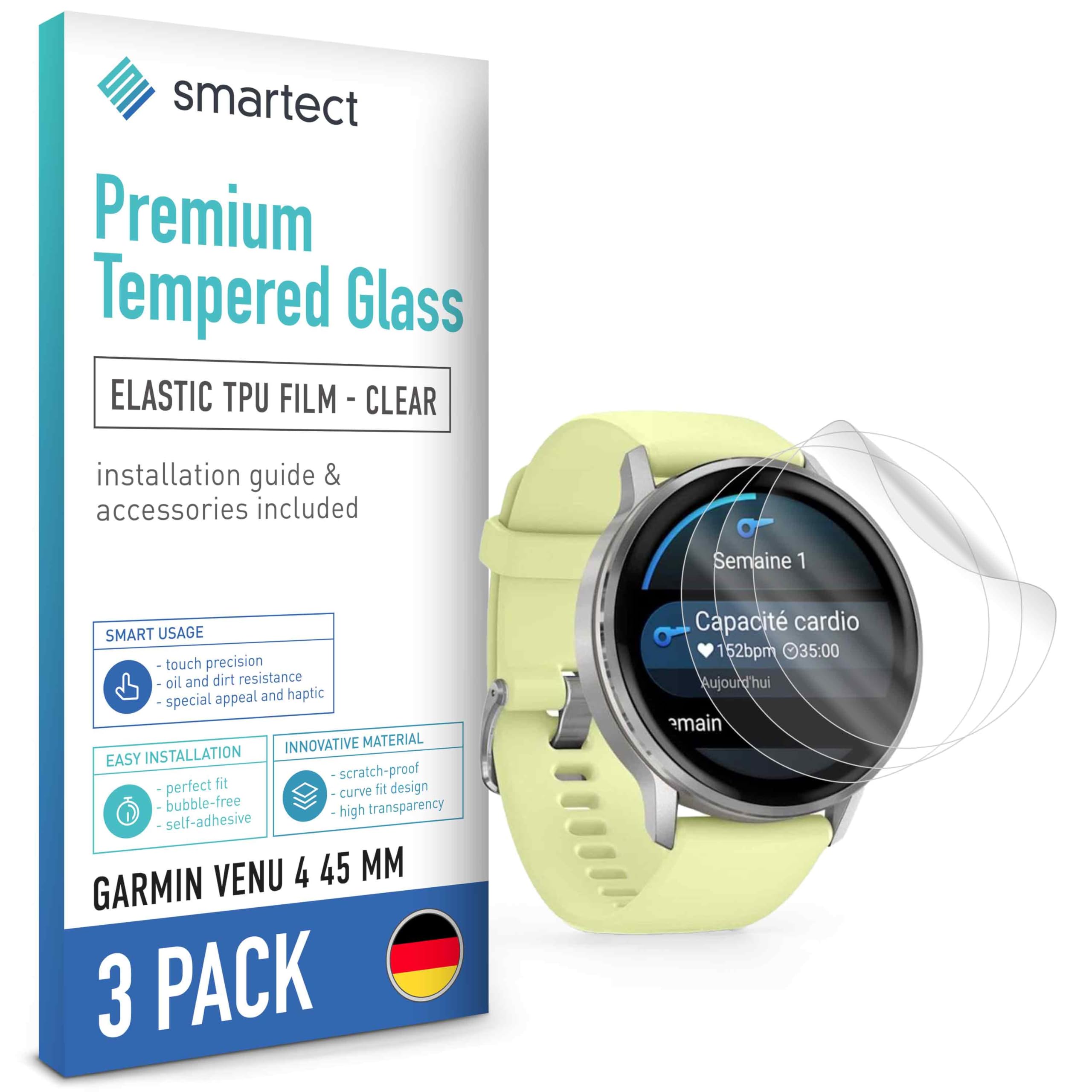 smartect TPU Ochraniacz Ekranu 3 Sztuki dla Garmin Venu 4 45 mm | Folia Ochronna Anti-Zarysowania, Ultra-przezroczysta, Bez Pęcherzyków, Anti-Odciski Palców, Przyjazna dla Etui