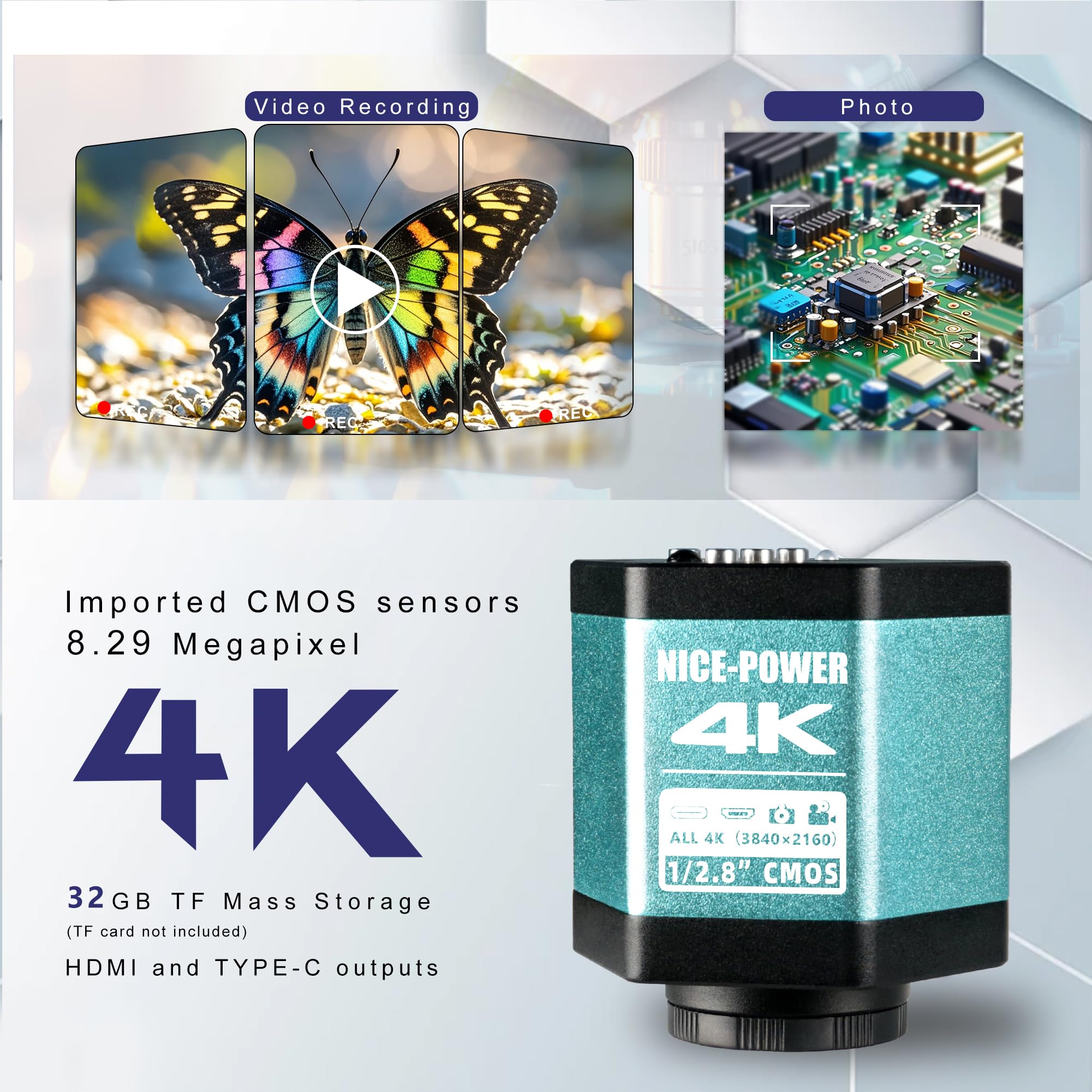 NICE-POWER Duży stabilny stojak na mikroskop cyfrowy, jakość 4K HD, mikroskop przemysłowy typu C/HDMI z obiektywem 150X HD, regulowane oświetlenie pierścieniowe do naprawy elektroniki itp