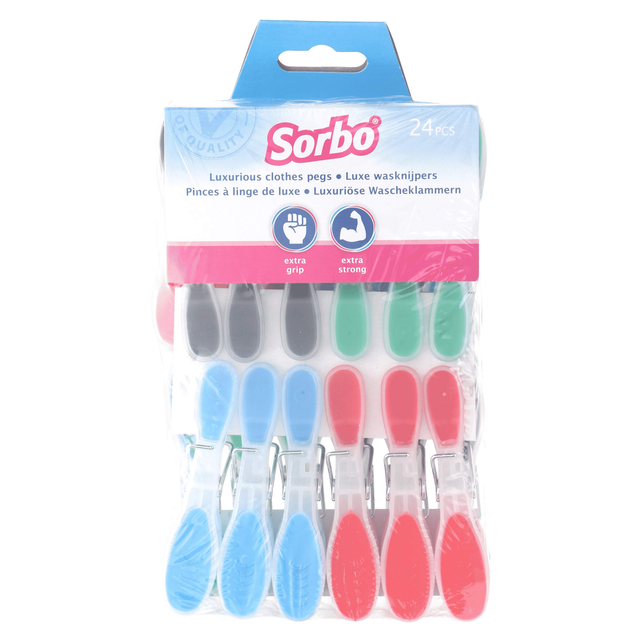 Sorbo Soft Grip Plastic Clothes Pegs, 24 Pack, Extra Strong Coiul for effective hold of laundry without marking, Perfect for outdoor windy conditions