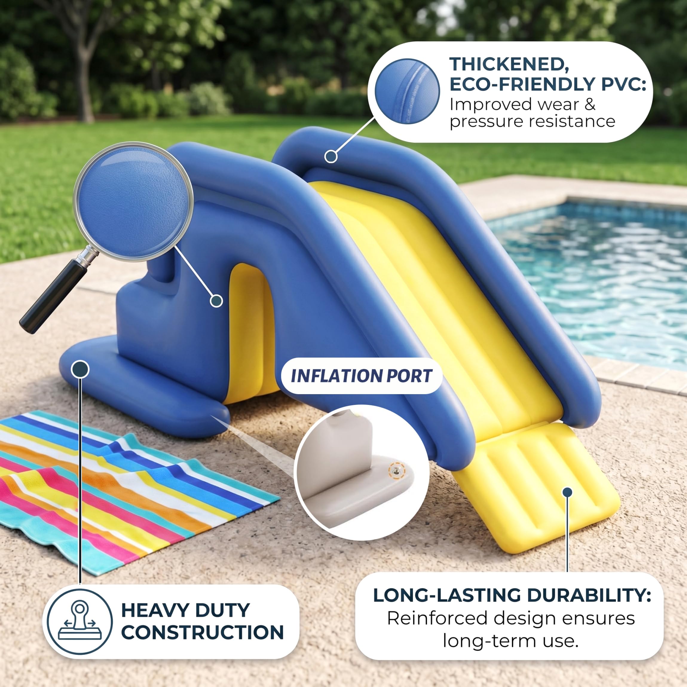 Piscine Toboggan Gonflable avec Pompe à Pied Anti-basculement Bleu