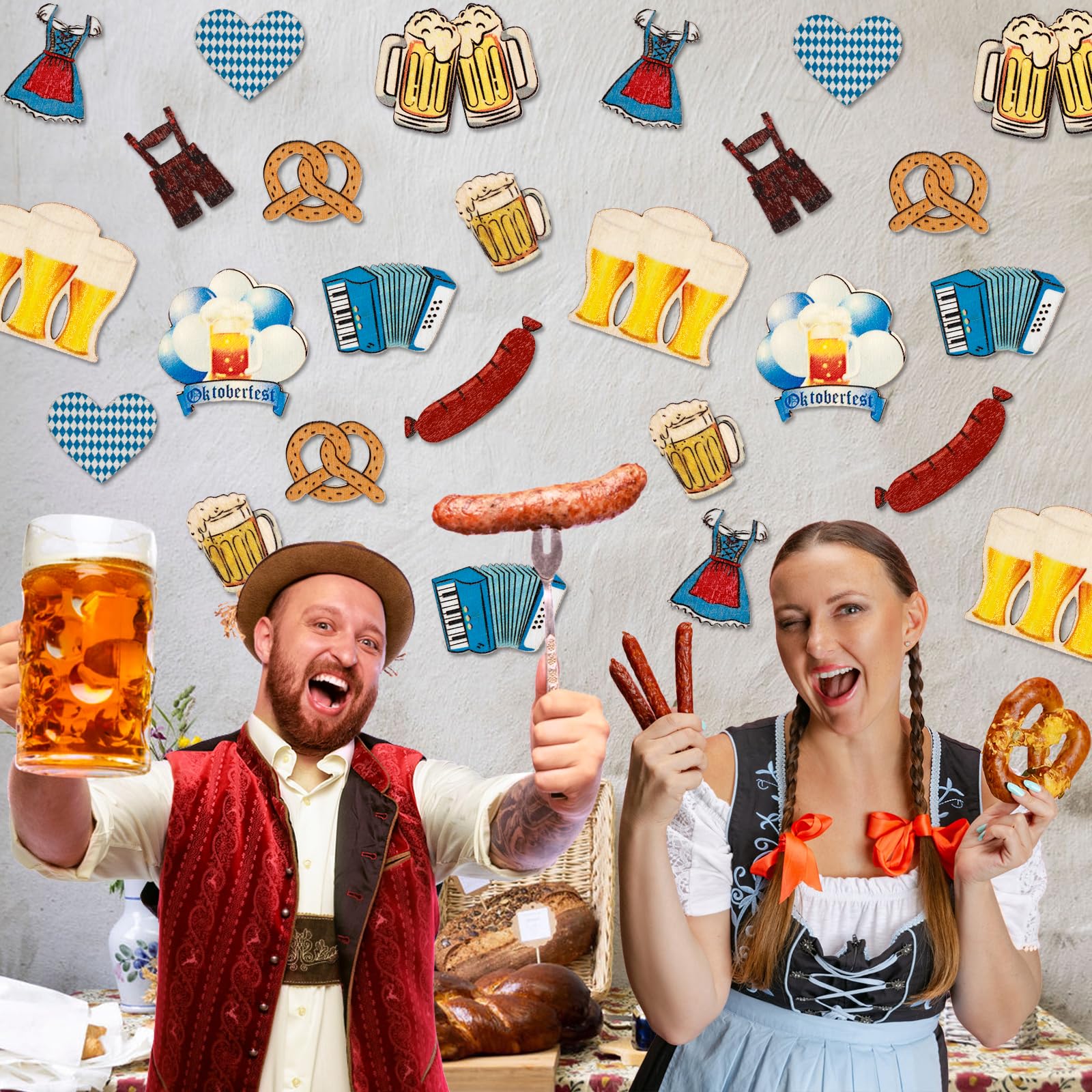 100 Stück Streudeko Bayrisch Holz Oktoberfest Deko, Oktoberfest Tischdeko mit Dirndl, Bierkrug, Herz, Lederhose, Brezel, Bayrische Oktoberfest Deko Party Dekoration Küche, Haushalt & Wohnen