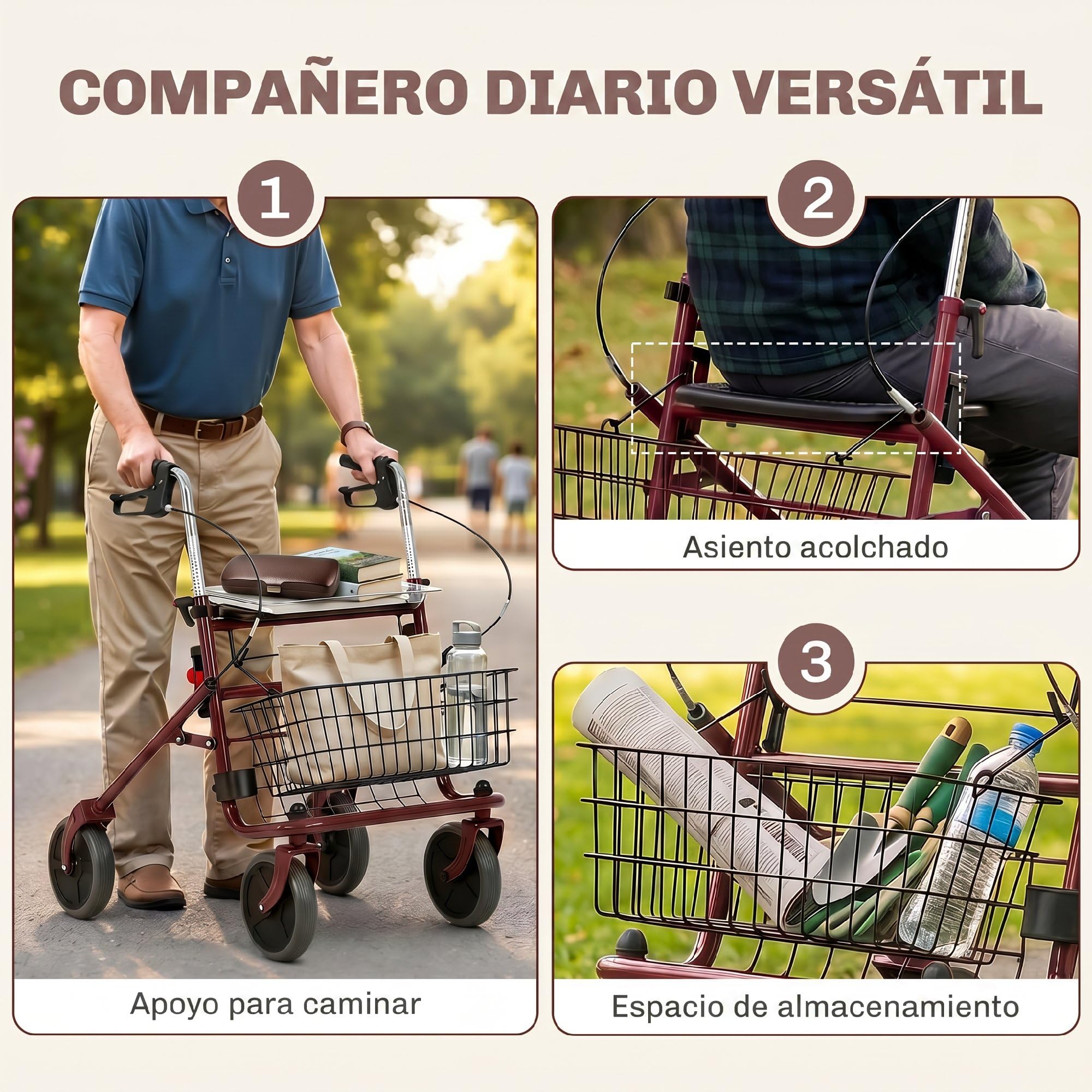 HOMCOM Andador para Ancianos Plegable con Asiento y 4 Ruedas Rojo Vino | Andadores Adultos para Personas Mayores, Altura Ajustable, Frenos de Maneta, Cesta, Bandeja, Porta Bastón
