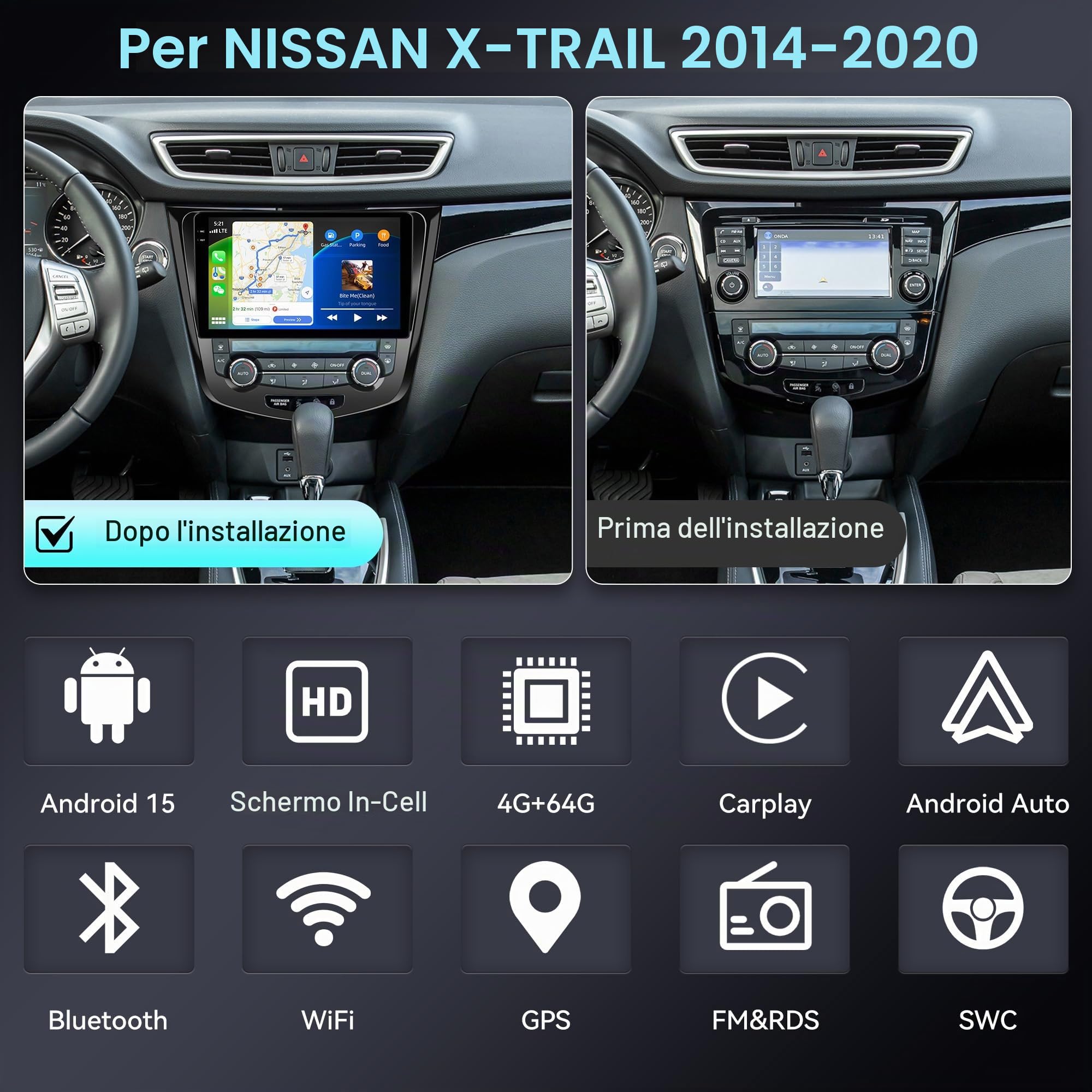 SIXWIN 4+64G Android 15 Autoradio per Nissan X-Trail Qashqai J11 T32 Rouge 2014-2018 con Wireless CarPlay/Android, 10.1" HD Schermo Navigatore con WiFi GPS Bluetooth 5.0 FM RDS EQ Radio +Telecamera