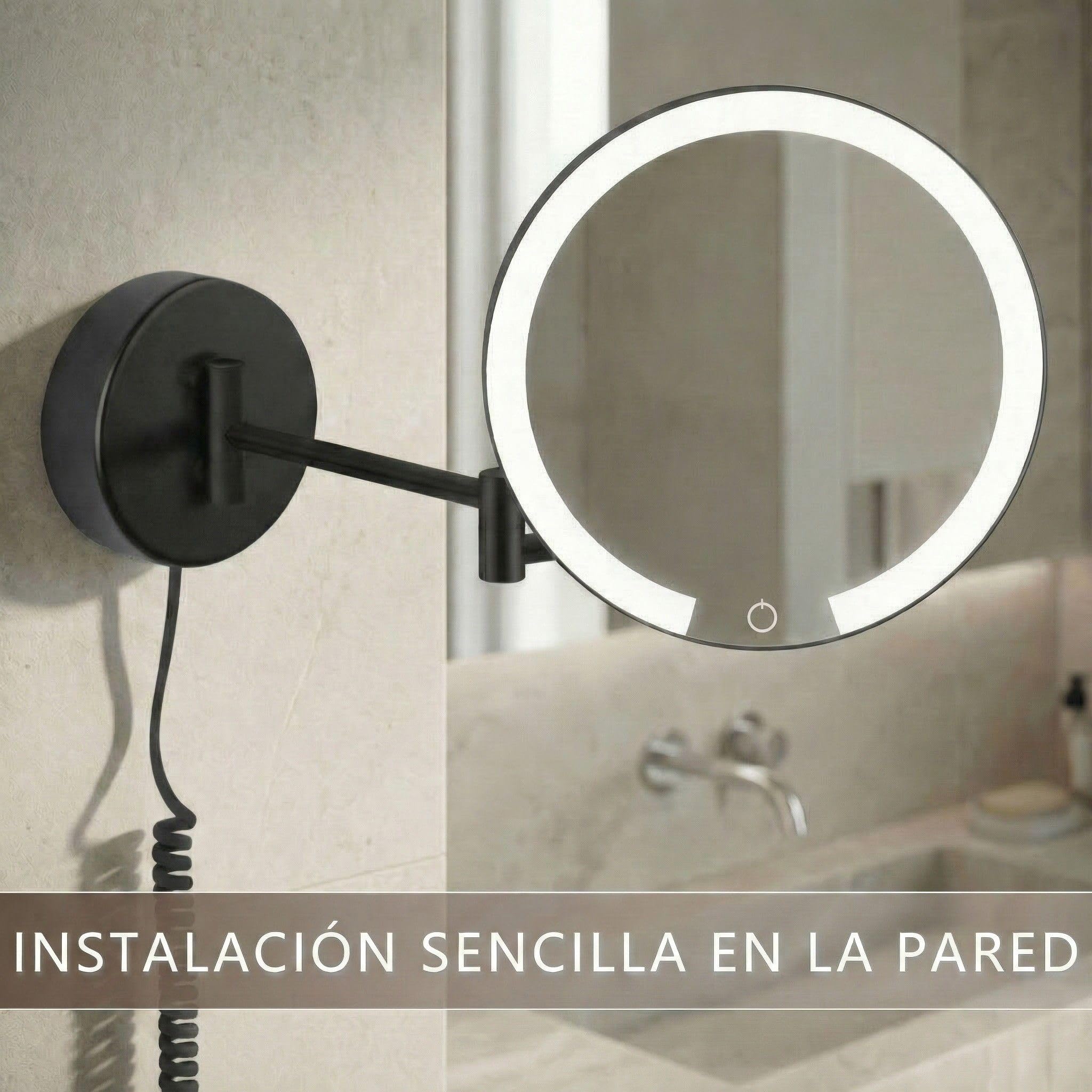 Ravenna - Espejo de Aumento 7X LED, Montaje en Pared, función de atenuación, Apagado automático, Cable Negro