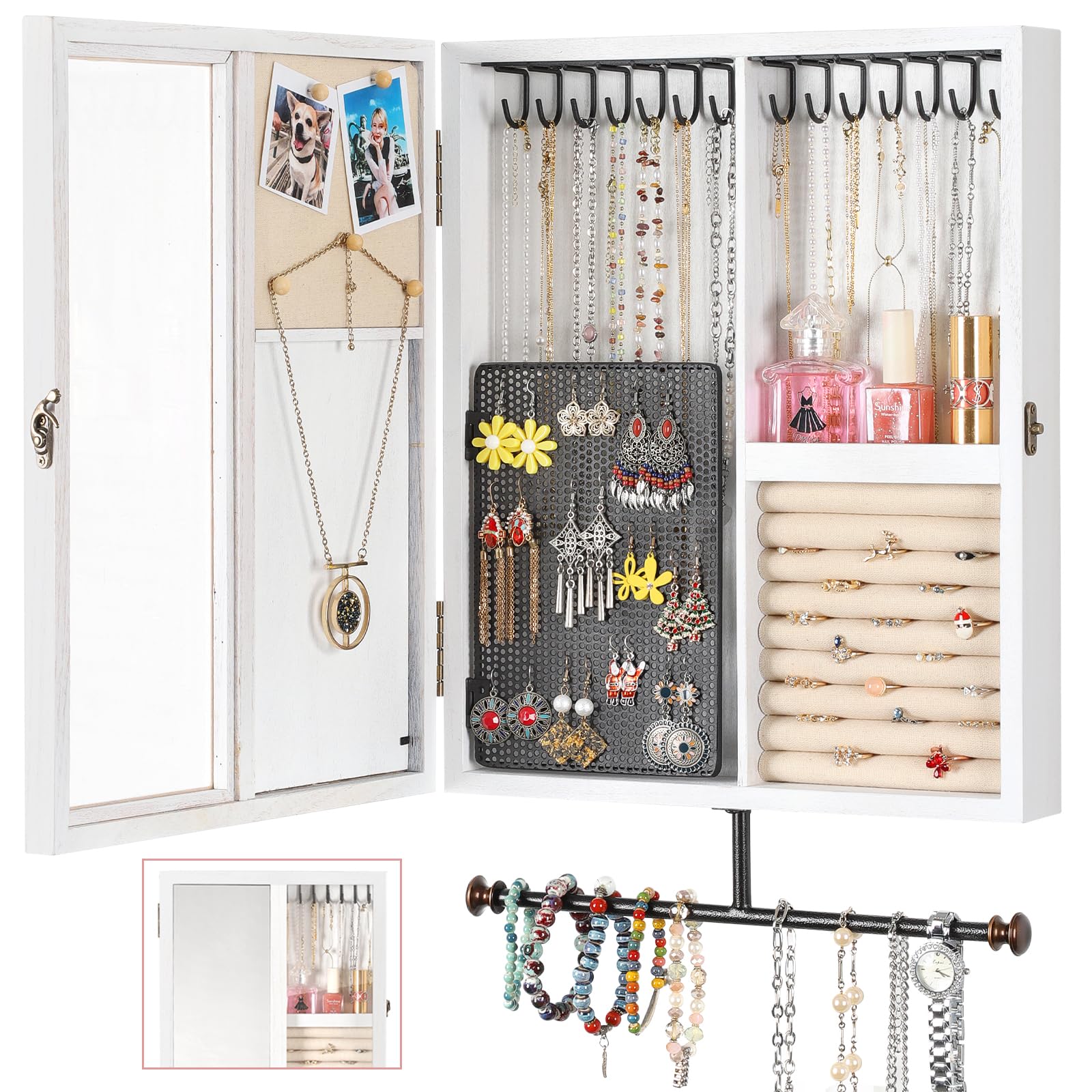 Keebofly Wall Jewelry Organizer Cabinet with Mirror Rustic Wood Storage for Necklaces Earrings Bracelets Rings Large-Capacity Hanging Cabinet
