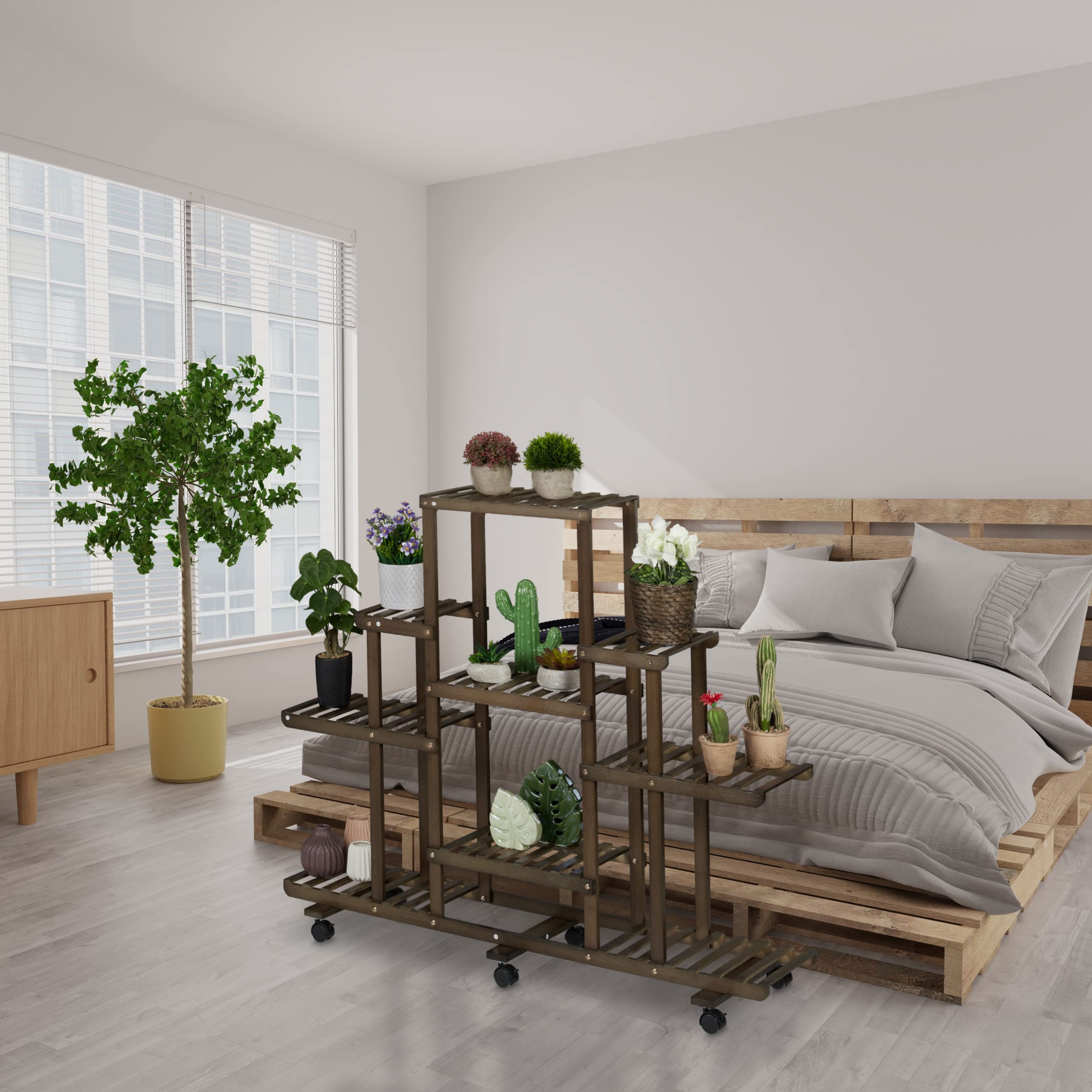 Étagère à Plantes Relaxdays En Bambou - 5 Niveaux - 130x62x36 Cm - Sur Roulettes - Marron - Support D'intérieur
