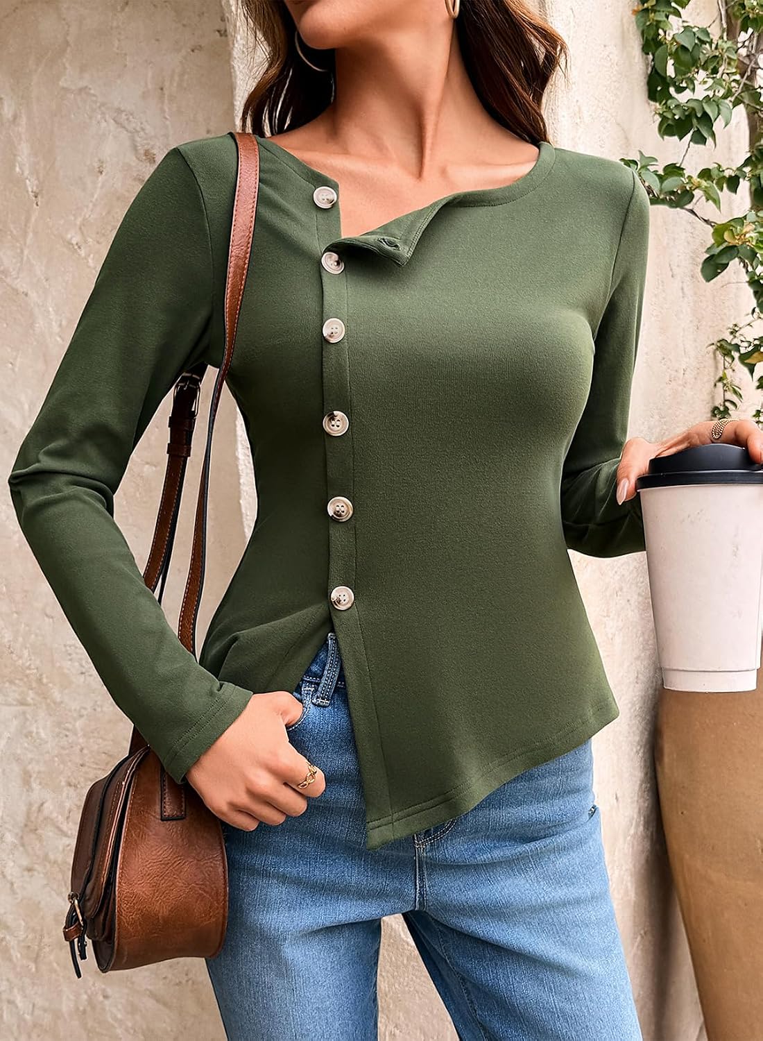 Dokotoo Womens Long Sleeve Tops Button Down Shirts 2026 Asymmetry Casual Fall Outfits
