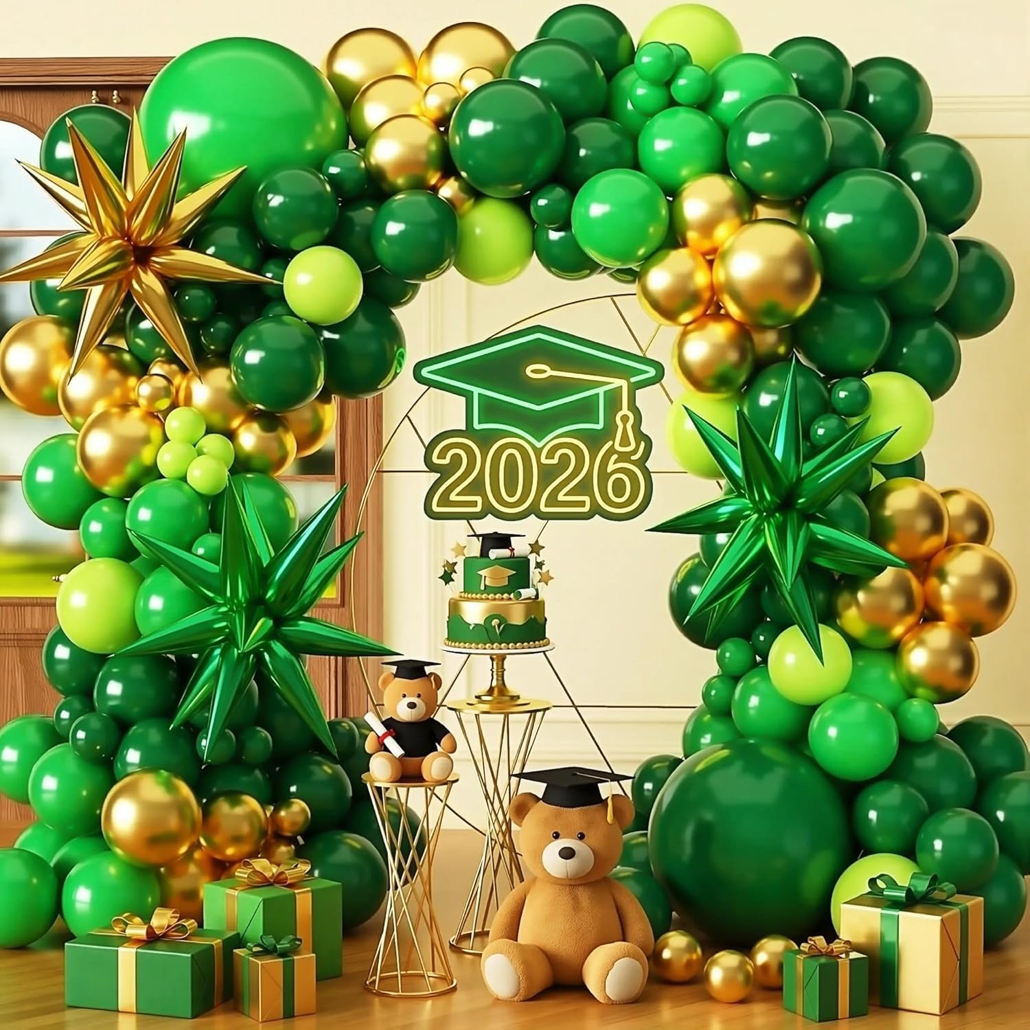 CboDeco Green and Gold Balloon Garland Arch Kit with Explosion Stars, Different Sizes Emerald Dark Green Gold Balloons for Birthday Party 2026 Graduation Safari Jungle Party Decorations โ image 1