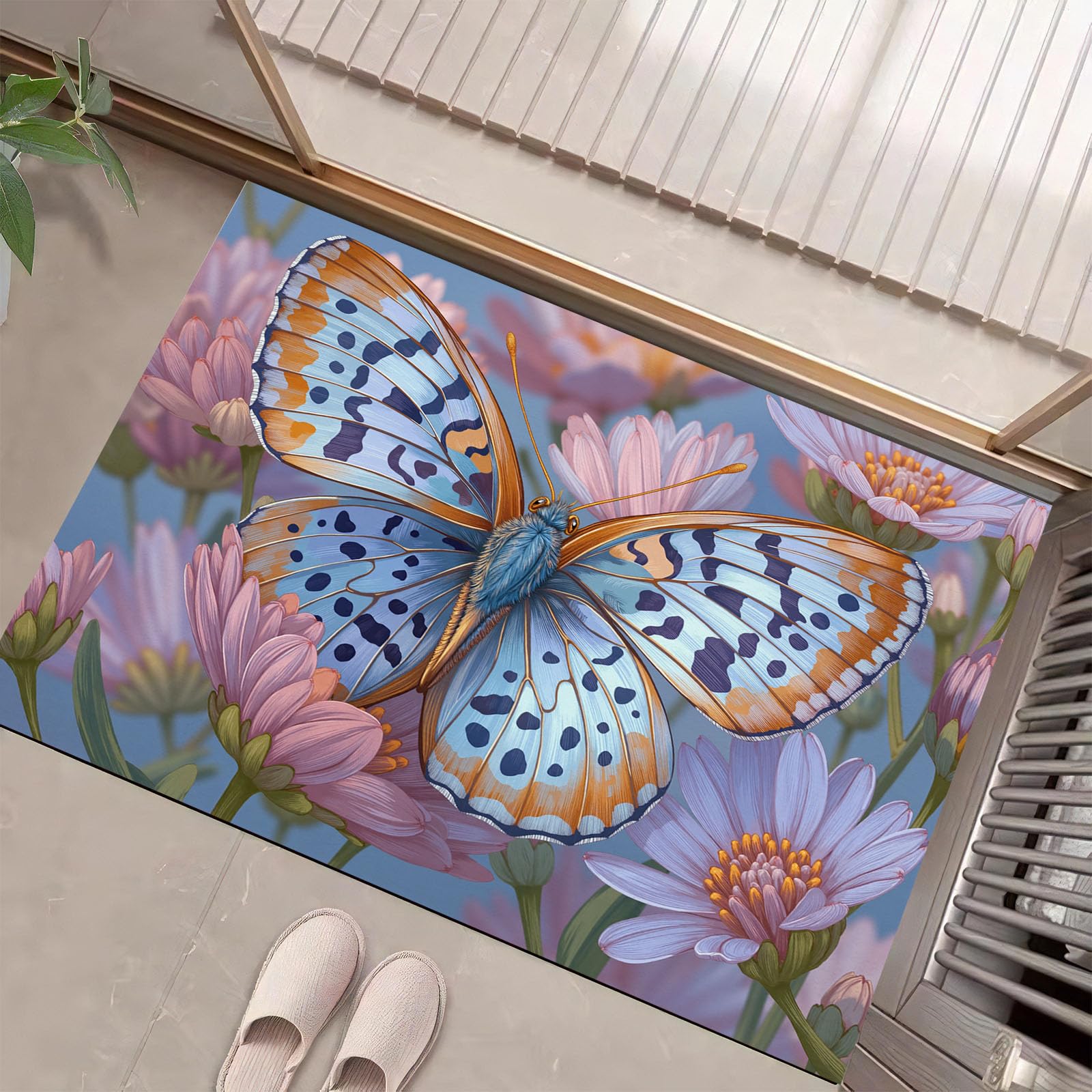 Tapete 90 x 150 cm para cocina y baño con diseño de mariposa colorida y margarita