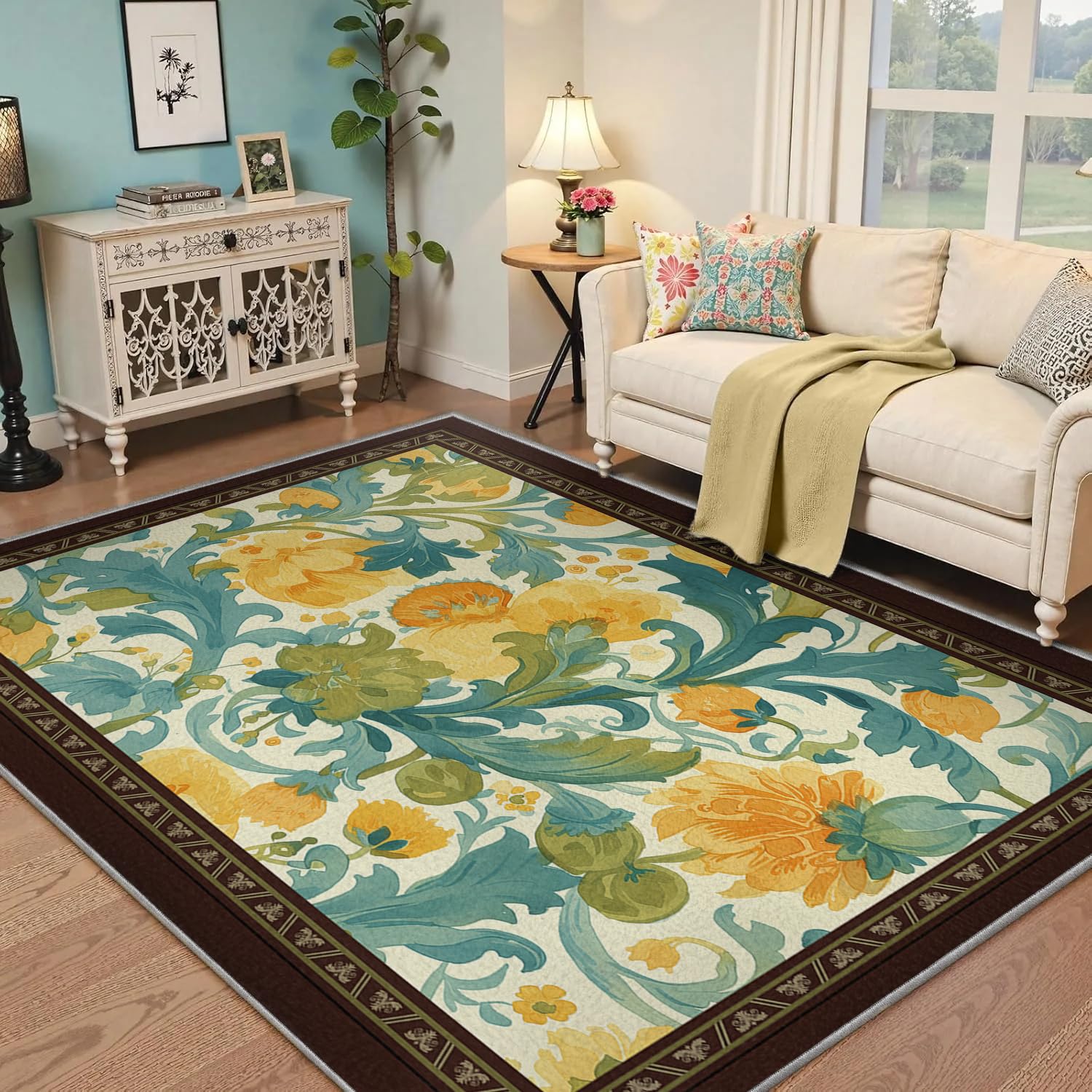 Tapis lavable bleu oriental 120x160cm motif aquarelle
