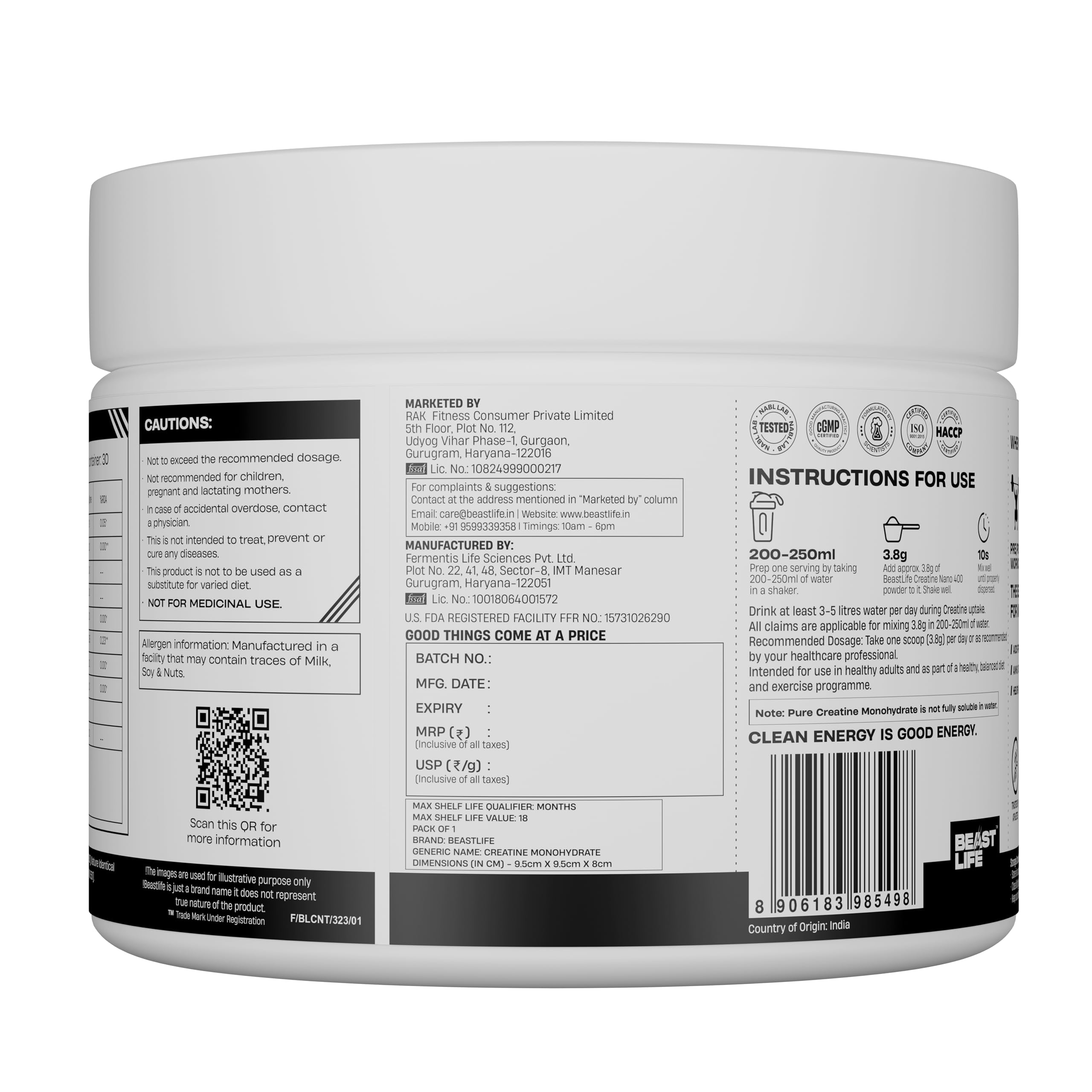 BeastLife Creatine Nano 400 | Tropical Tango| 115 Gm | 30 Serving | World’s First Finest & Clinically Studied Creatine | Ultra Fine, Ultra Soluble, Ultra Effective | Zero Sugar | NABL Lab Tested | Premium Sports Nutrition for Strength & Performance 1