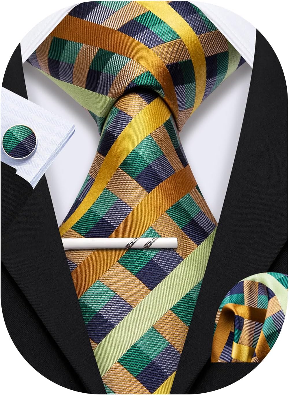 Men Plaid/Striped Ties Set Silk Business Wedding Formal Fashion Necktie and Pocket Square Cufflinks Set
