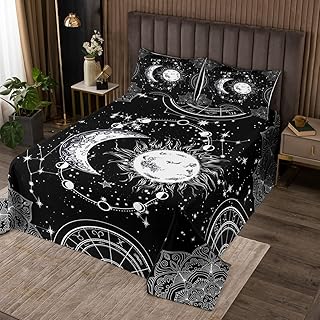 Feelyou Galaxy Bedspread Constellation Quilted Coverlet for Kids Boys Girls Teens Gothic Style Boho Mandala Coverlet Set Breathable Sun and Moon Quilted Black White Room Decor King Size