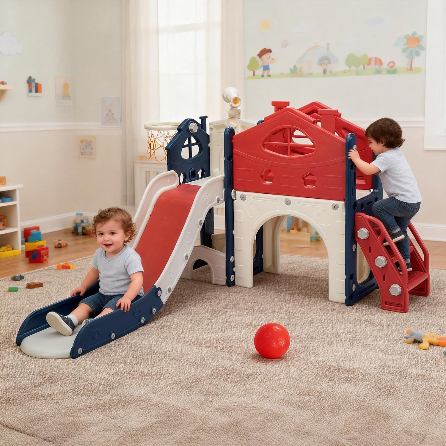 NYEEKOY 8 in 1 Toddler Slide, Indoor Slides for Toddlers 1-3, Kids Slide with Basketball Hoop, Freestanding Slides for Kids with Telescope and Storage Space, Outdoor Playground Sets for Backyard