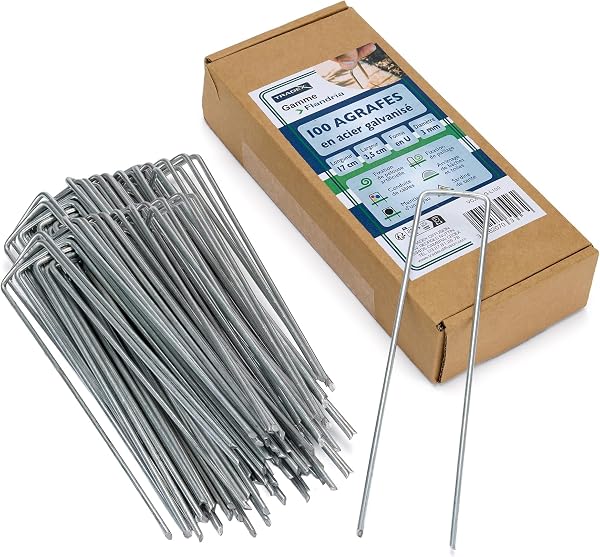 Flandria – Lot 100 Piquets de Fixation Acier Galvanisé 170 mm x 35 mm – Ø 3 mm – Agrafes de Jardin pour Toile de Paillage, Gazon Synthétique, Tuyaux - 1