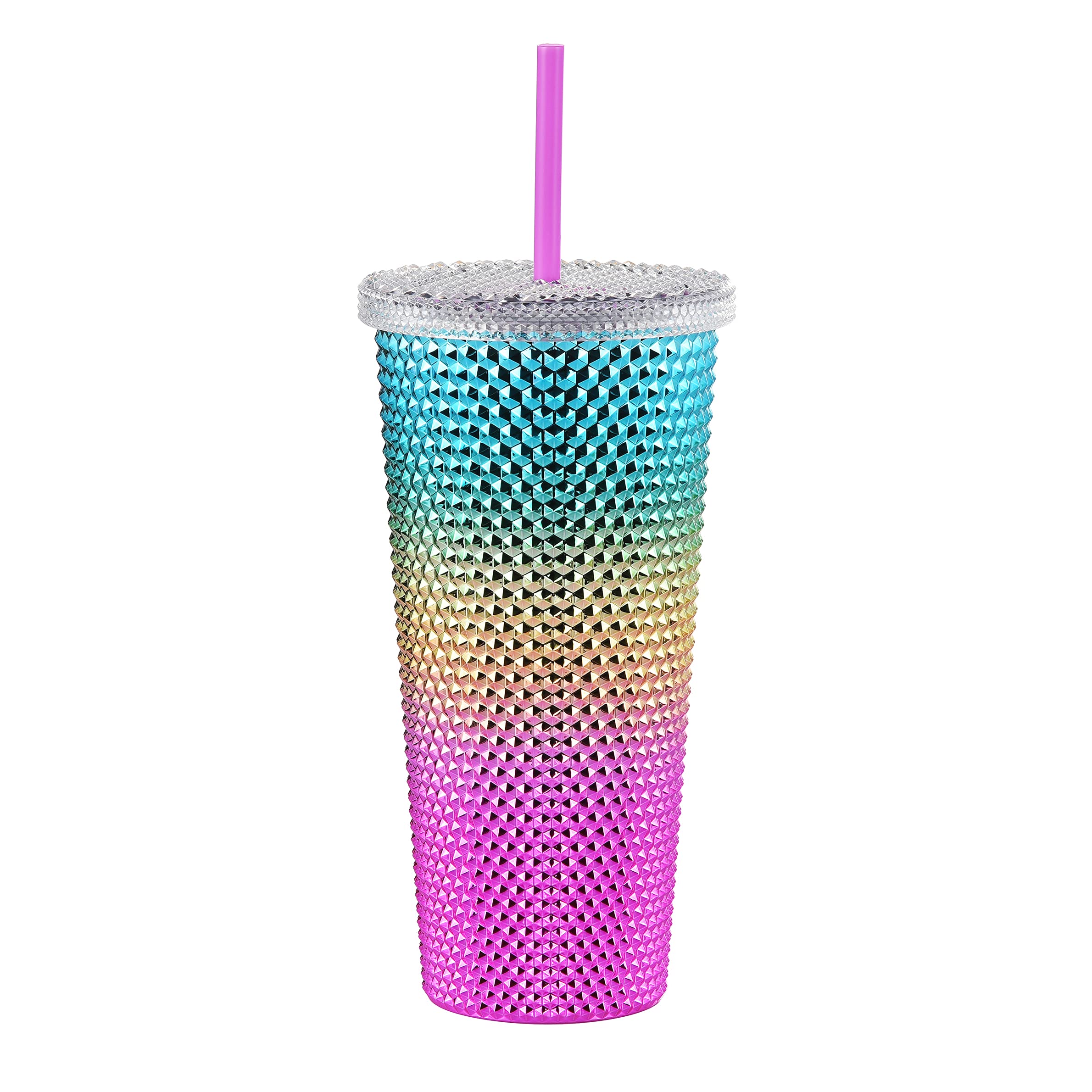 ALINK Studded Tumbler with Lid and Straw, Reusable Cup with Straws Lids, Plastic Water Bottle, Iced Coffee Travel Mug Cup - Rainbow