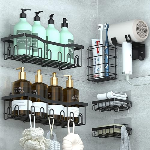CHEMPFR Shower Caddy 6-Pack Rustproof Stainless Steel Shower Shelf, Bathroom Organizer with Soap Holders, Toothbrush Holder, Hair Dryer Stand, Easy