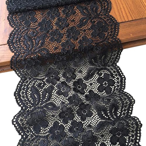 Lace Realm - Tela elástica de encaje floral de 7 pulgadas de ancho para ropa y suministros de manualidades, 5 yardas (7019 negro)