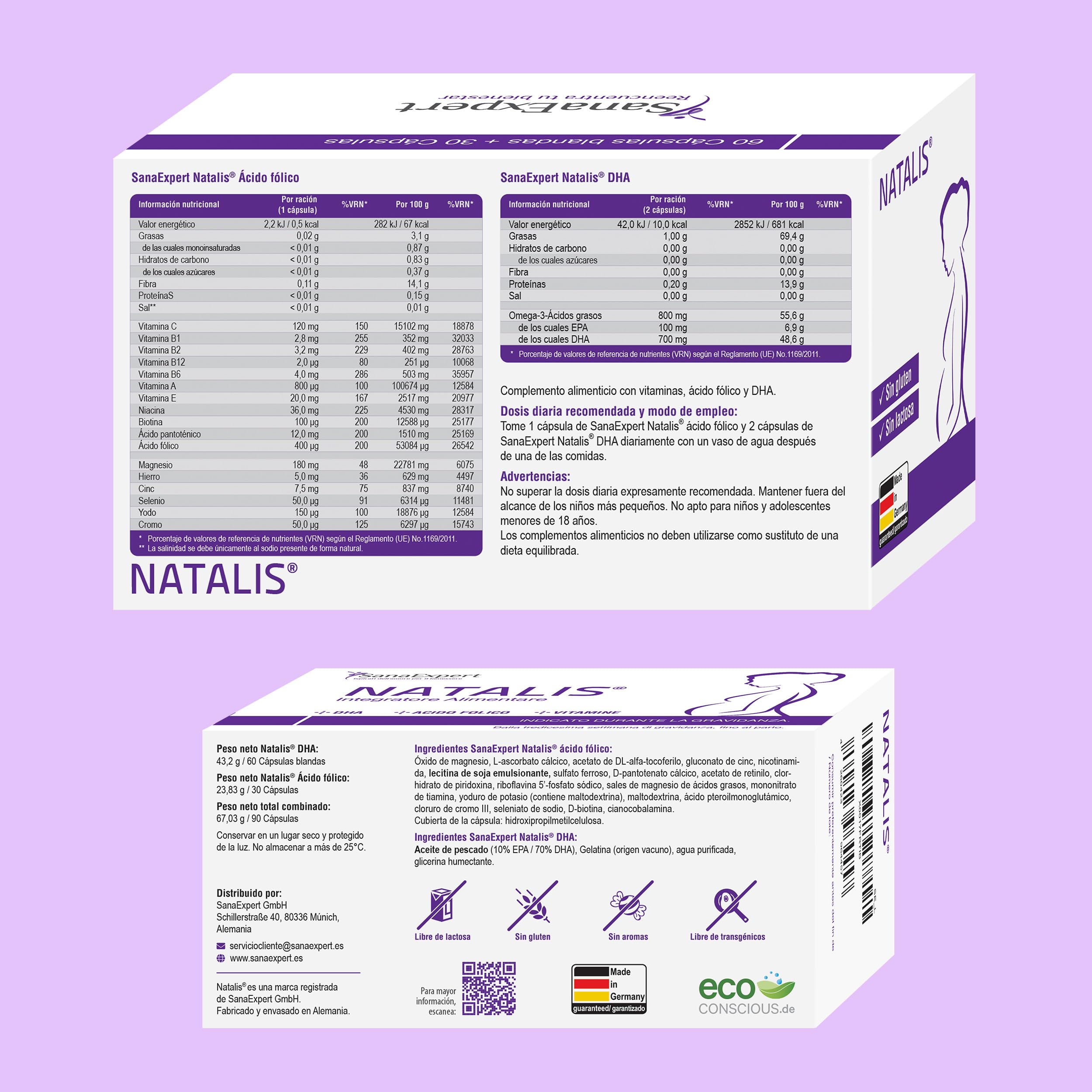 SanaExpert Natalis - Complemento Nutricional Prenatal para Mujeres - Con Ácido Fólico, Hierro, DHA, Vitaminas y Minerales Esenciales - 90 Cápsulas