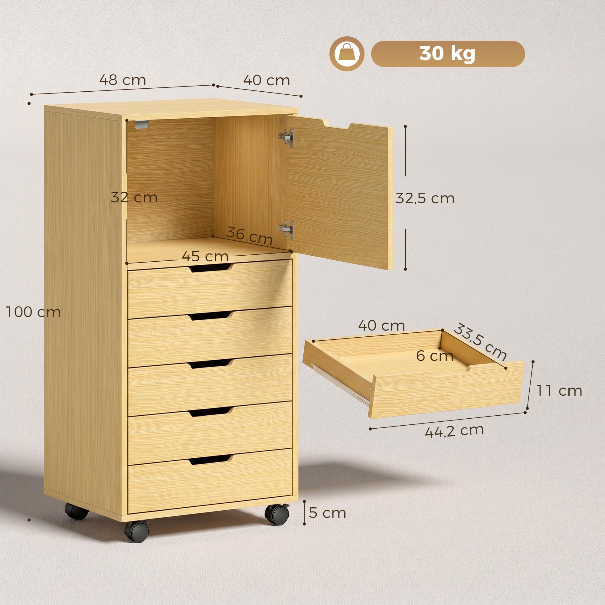 HOMCOM Schreibtisch mit 5 Schubladen auf Rollen und Schrank Natur | Büro-Schubladeneinheit, Soft-Close, Druckerständer, Aktenschrank, für Home-Office