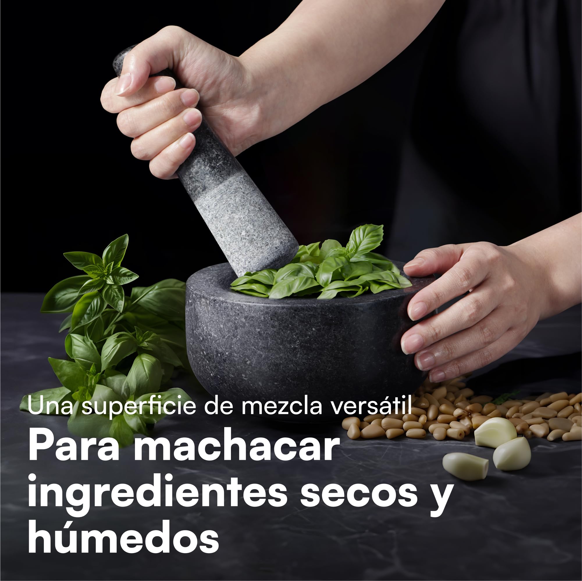 H&S Set de Mortero - Mortero Cocina de Piedra Maciza de Granito Negro para Machacar y Triturar Especias - Set Molcajete Grande de Cocina para Moler - Mortero Piedra Negra