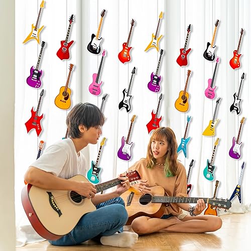 Miniatura 5 de Pancartas colgantes de guitarra, decoraciones de fiesta de cumpleaños, notas musicales, guirnalda de papel de roca para instrumentos musicales,
