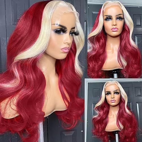 ANDRIA Pelucas rubias con encaje frontal a rayas, color rojo vino y rubio, peluca larga ondulada sin pegamento, peluca de encaje transparente,