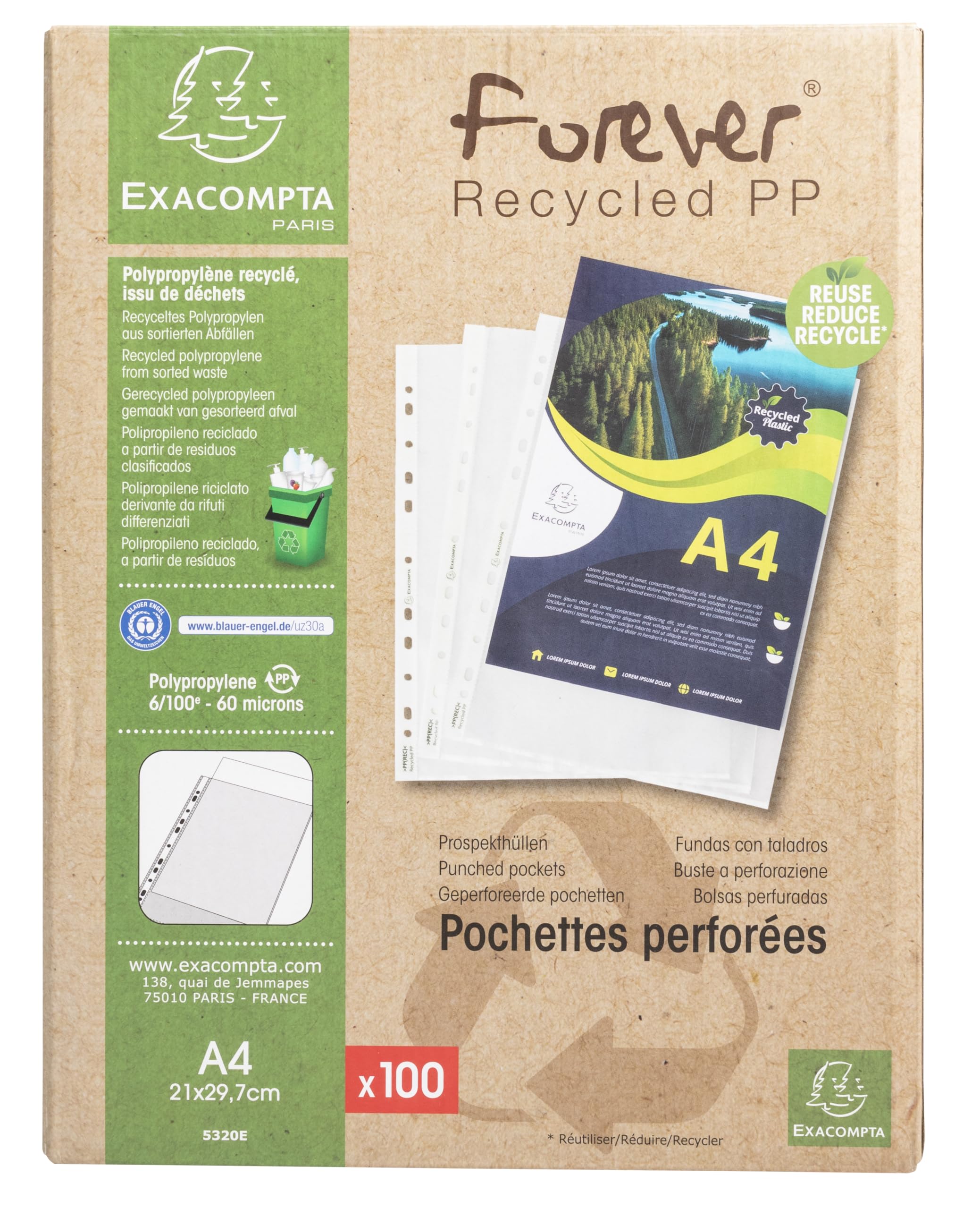 Exacompta 100 koszulek PP groszkowy z recyklingu 6/100 mm kryształowy