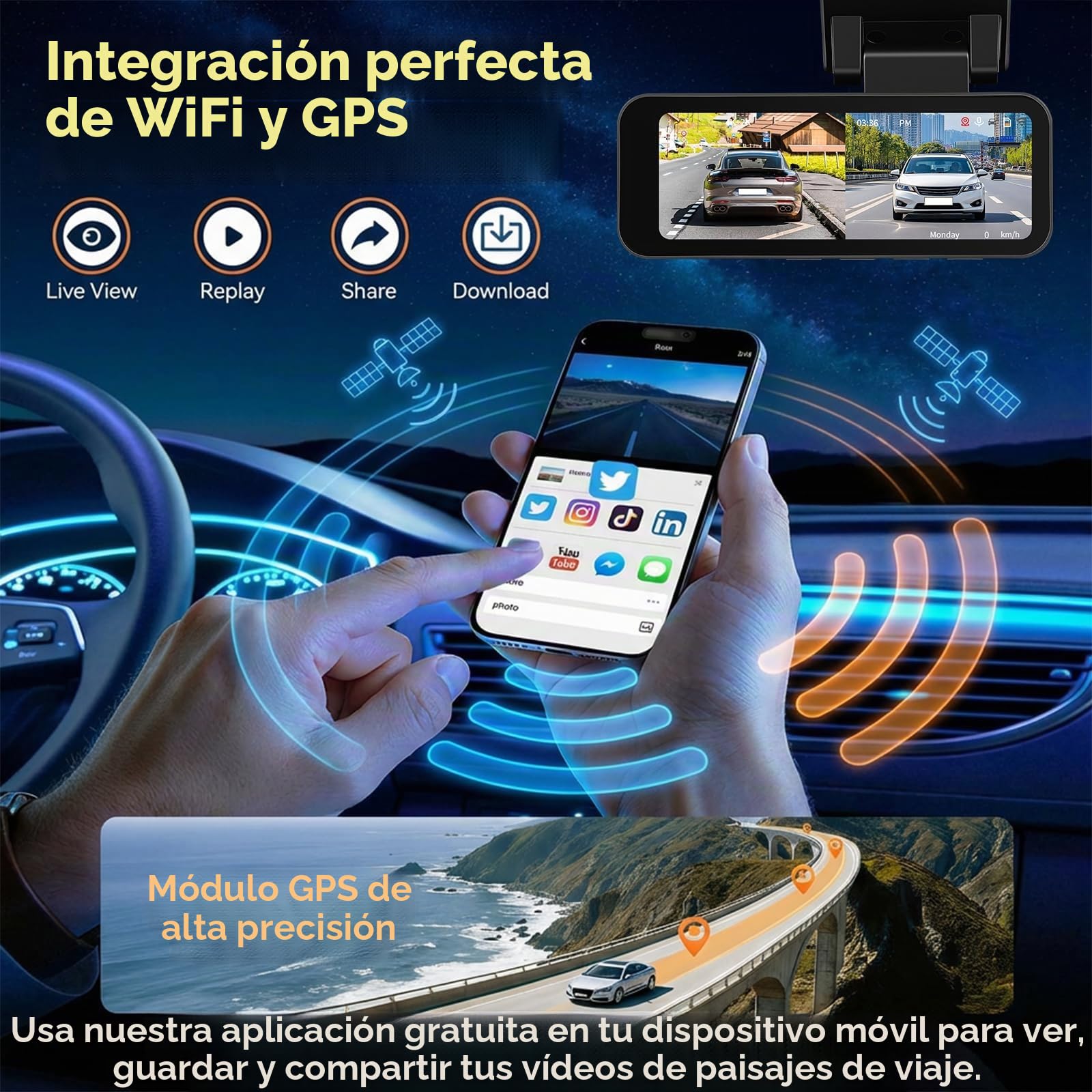 4K+1080P Camara para Coche Grabacion con Tarjeta de 64 GB, LCD Dash CAM Coche de 3,16" con GPS WiFi, Dashcam con Gran Angular de 150°, Grabación en Bucle y Sensor G, Cámara Trasera Resistente al Agua