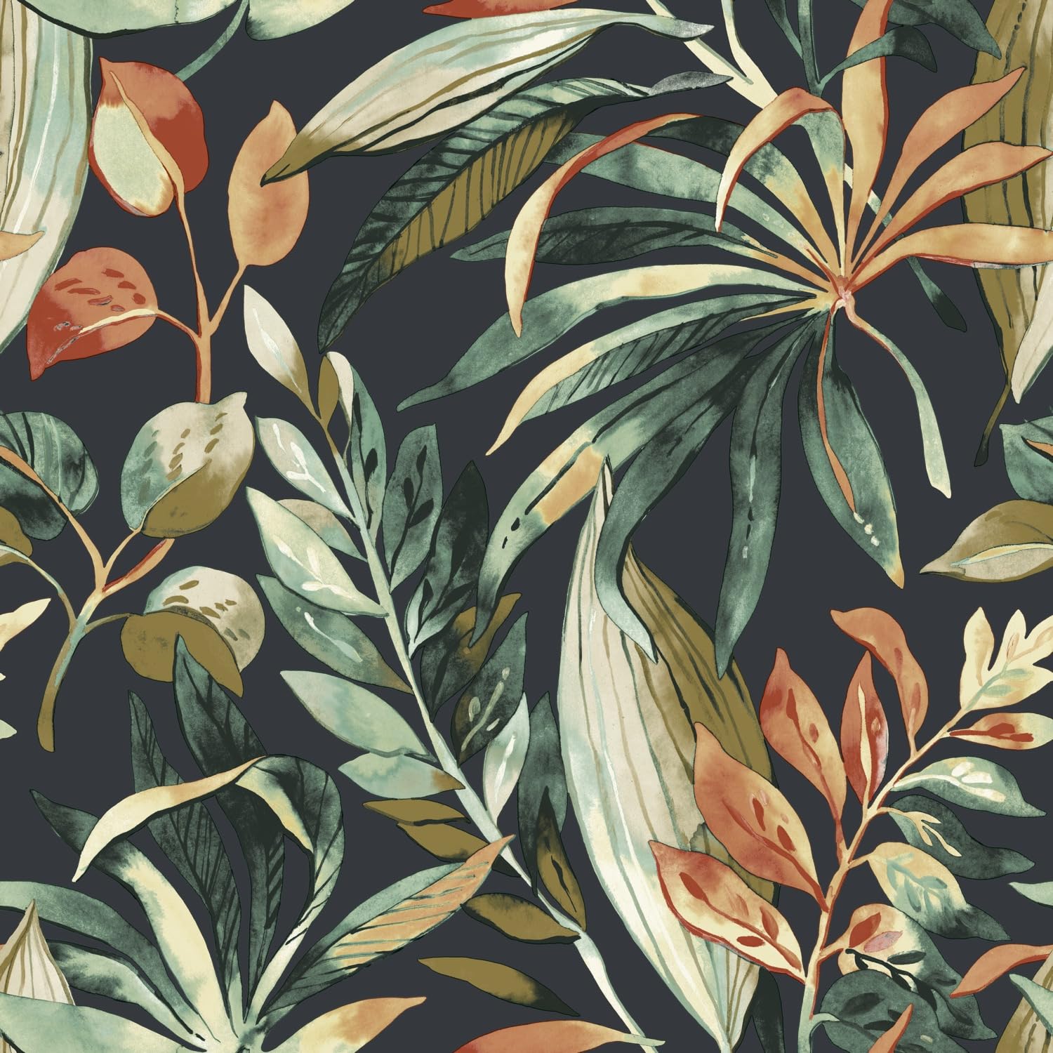 Grandeco Green Orange Inky Palm Botanical Jungle Textured Wallpaper, Black