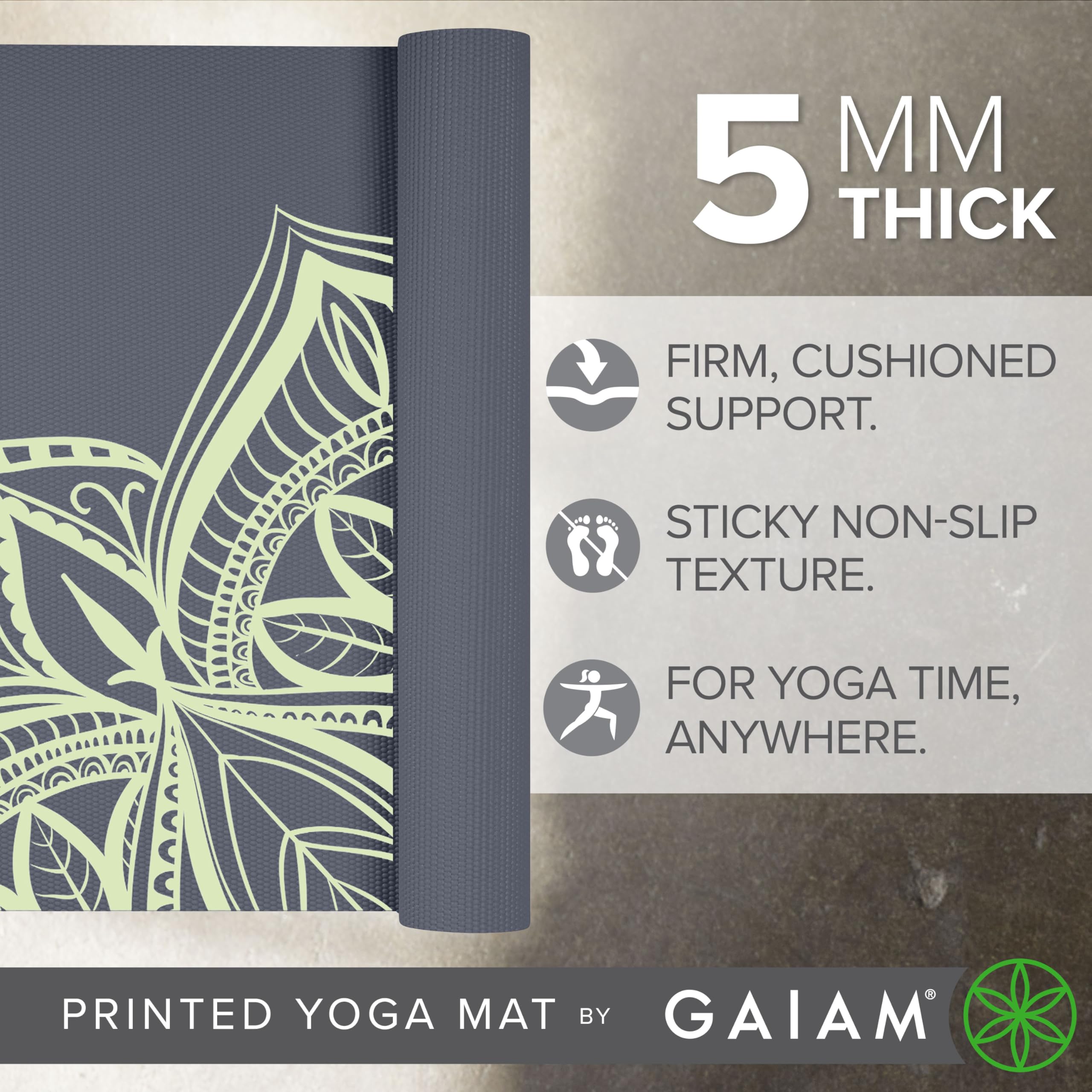 Gaiam - Tapis de yoga, d'exercice et de fitness antidérapant de qualité supérieure à imprimé, 5 mm d'épaisseur, pour tous les types de yoga, pilates et entraînements au sol (172,7 x 61 x 5 mm)