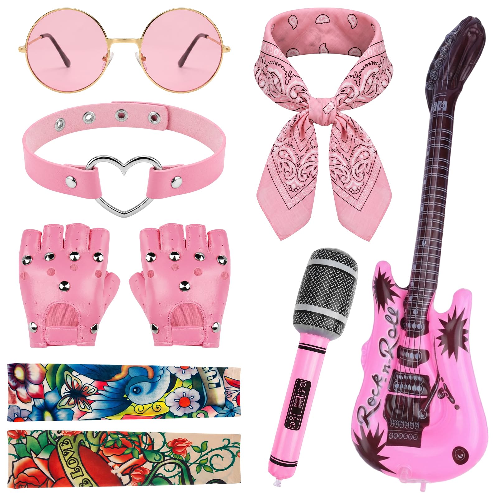 GLGHMH Rock Star Fancy Dress Set 80s Rock Costume withGloves, Arm Sleeves, Microphone Guitar Balloons, Sunglasses, Bandanas,Bandana Punk Accessories for 80s Party,Halloween Rock Theme Events — image 1