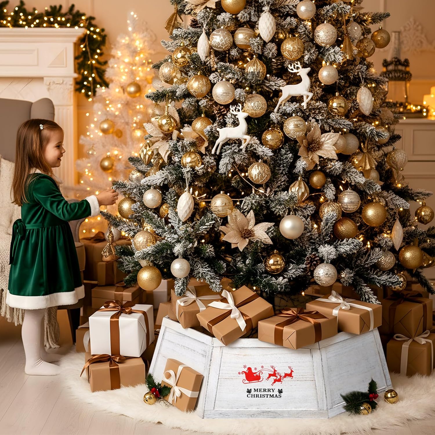 Weysat 30 Wooden Tree Collar Box Christmas Tree Skirt Collar Christmas Decoration Farmhouse Xmas Stand Cover Natural Wood Rustic Hexagon Xmas Base Cover 6-Piece Fit Below 29.5(White Rustic)