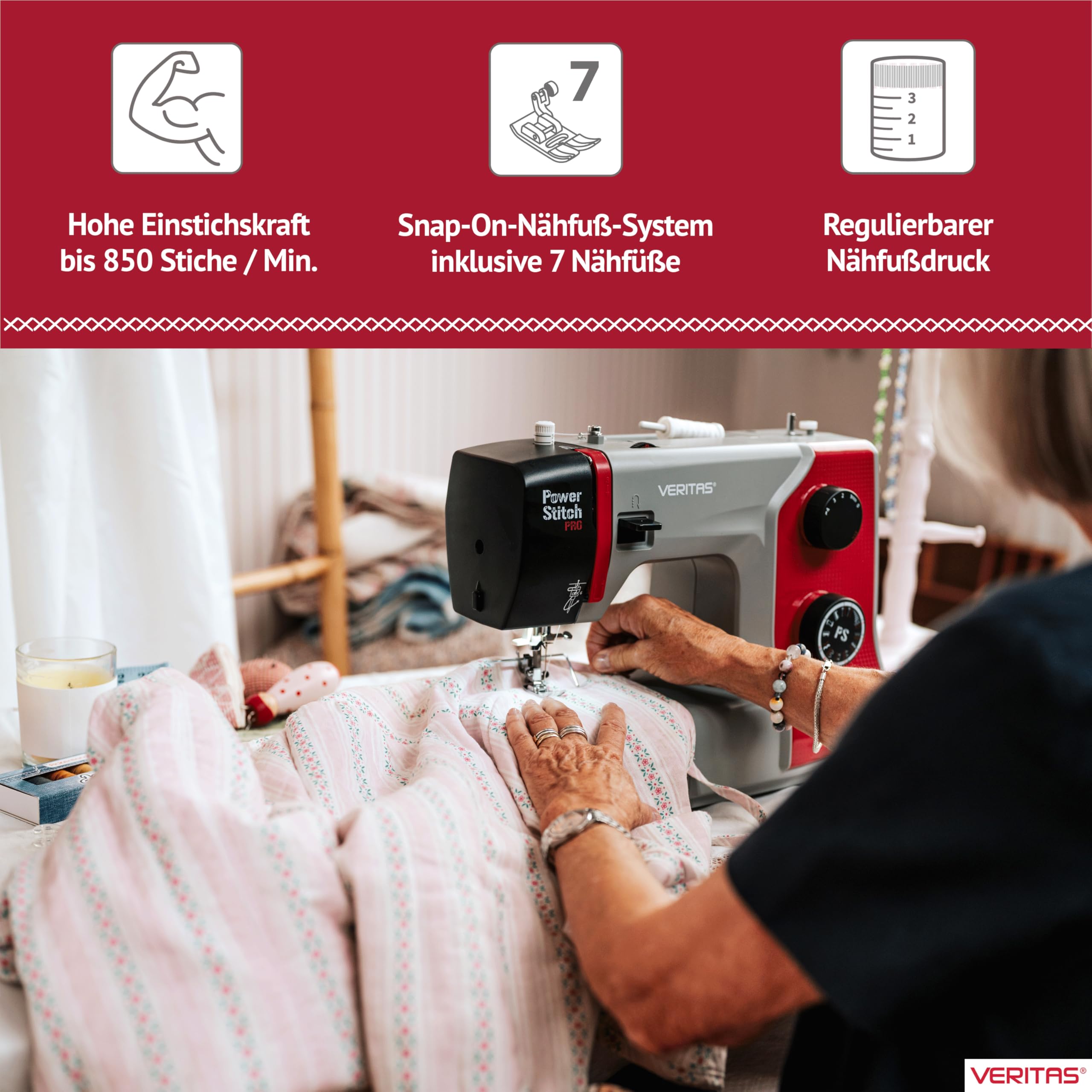 VERITAS Nähmaschine Power Stitch PRO I 17 Stichprogramme I Auto-Fadenspannung & Einfädelhilfe I Fadenabschneider I Einstellbare Stichlänge I LED-Nählicht I Mechanische Nähmaschine (grau-rot)