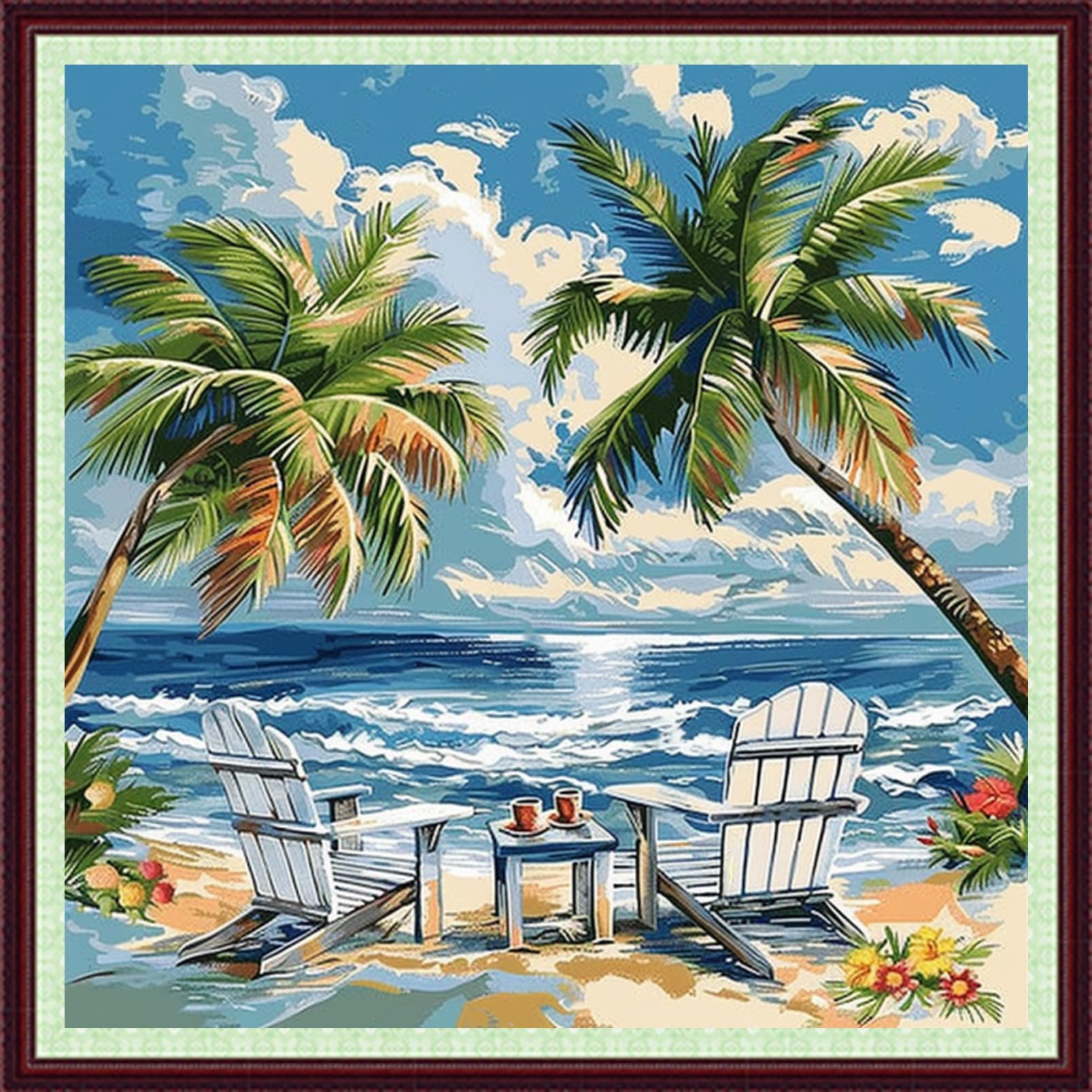 Dooxvey Cross Stitch Kits for Adults Beginners,Full Range of Cross-Stitch Stamped Kits Needlepoint Kits for Beginners Embroidery Kits 11CT Cross Stitch Patterns-Drinking tea resting seaside 18x18 inch