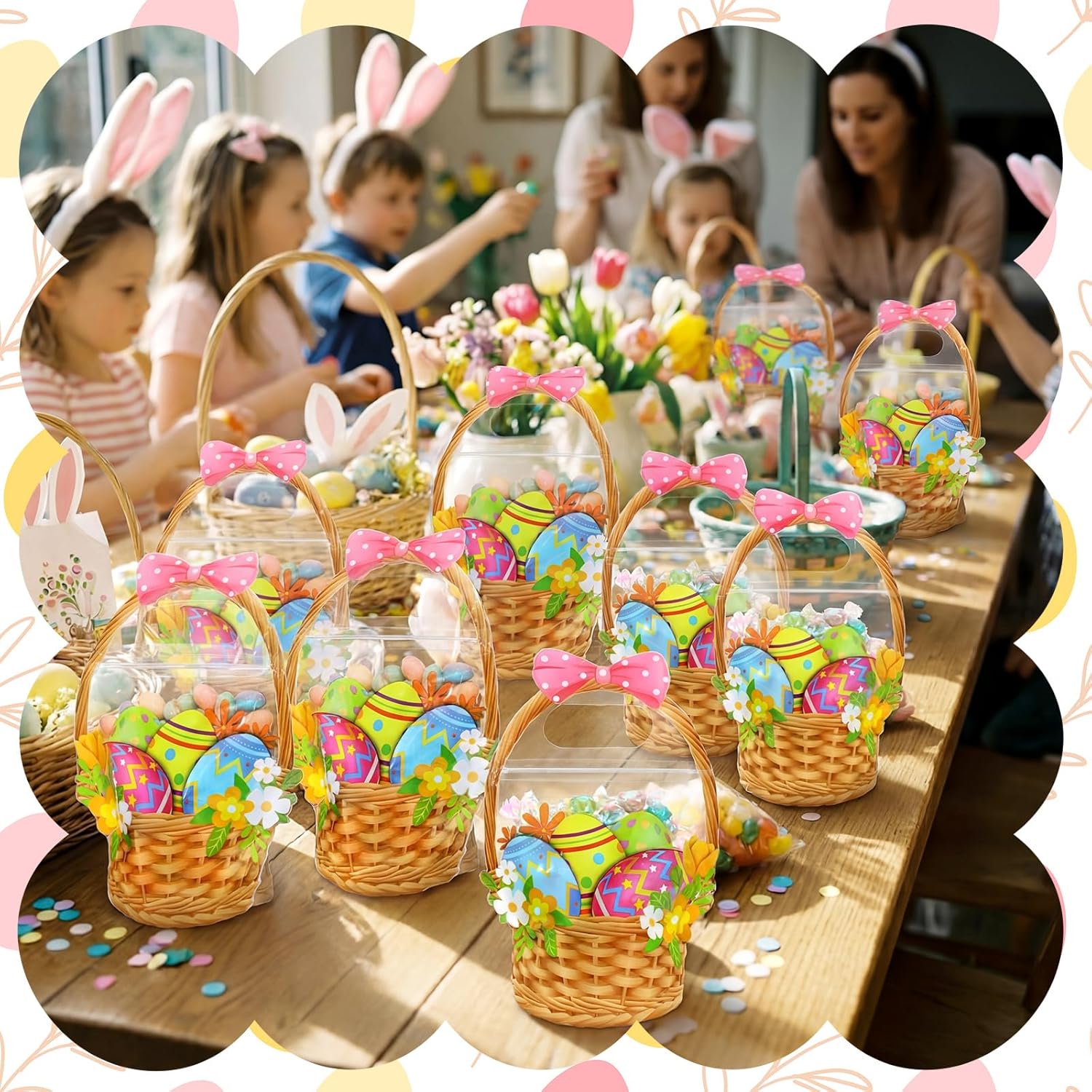 Eaasty 50 Pcs Easter Gift Bags Easter Basket Treat Bags with Handle Resealable Colorful Eggs Floral Bow Plastic Sealing Candy Pouches for Egg Hunt Holiday Party Candy Gift Wrap Supplies Decorations - Image 5