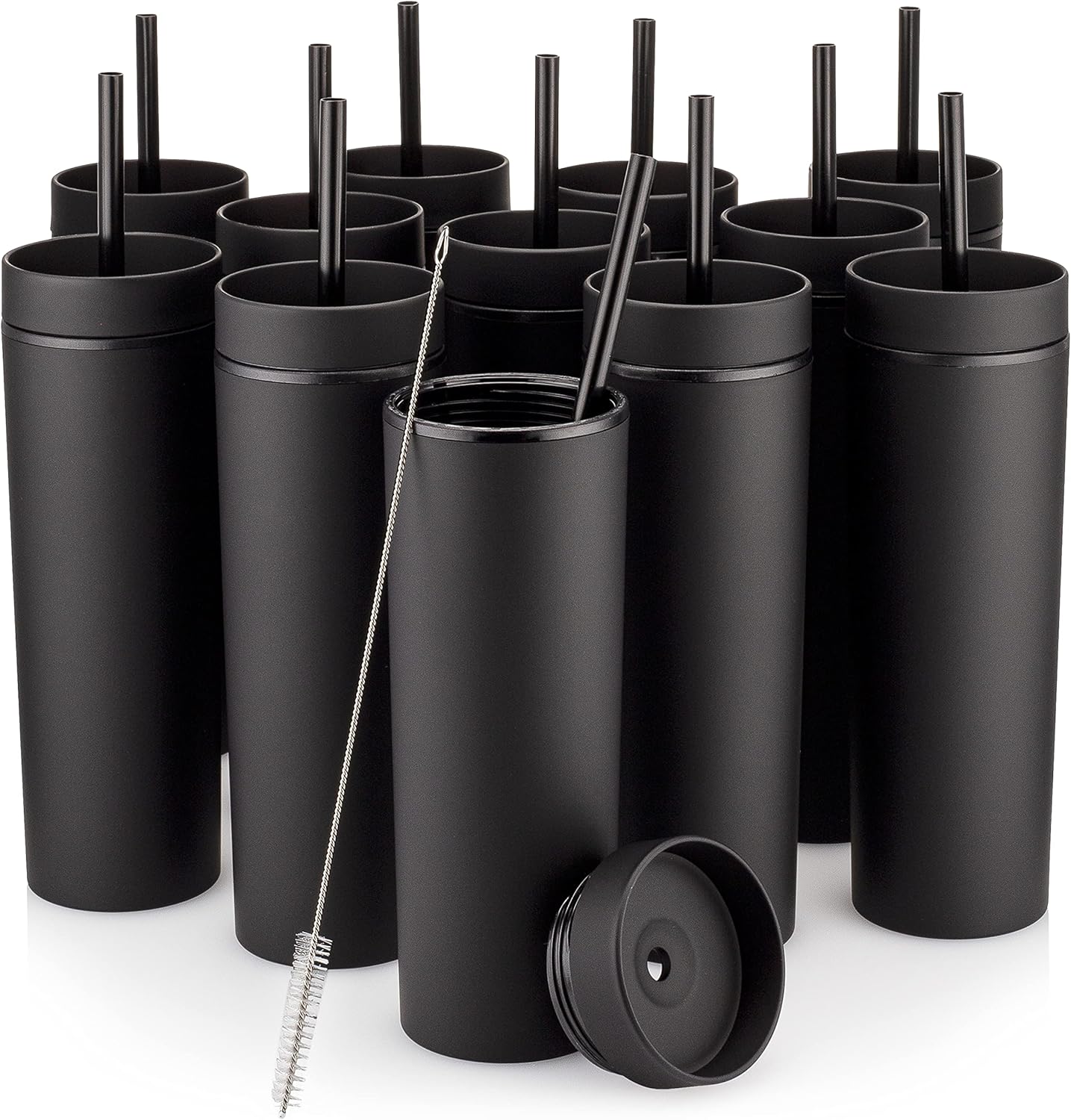 STRATA CUPS Black Skinny Tumblers with Lids and Straws (12 pack) - 16oz Double Wall Acrylic Tumbler, Tall Matte Skinny Tumblers, Bulk with Free Straw Cleaner, Reusable Cups