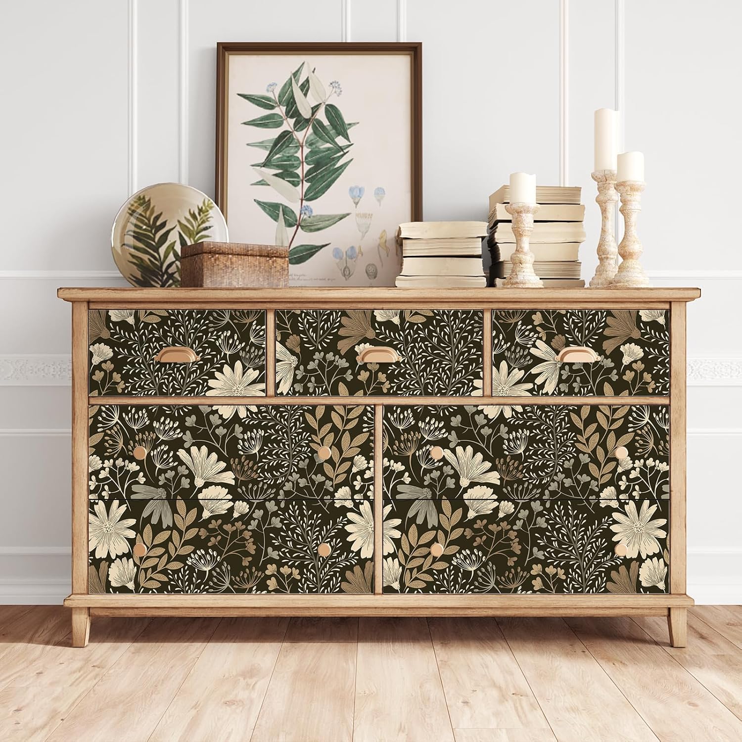 VEELIKE Dark Floral Peel and Stick Wallpaper Boho Floral Wallpaper for Bathroom Bedroom Flower Wall Paper 17.7''x354'' Renters Friendly Removable Prepasted Botanical Contact Paper for Walls Cabinets