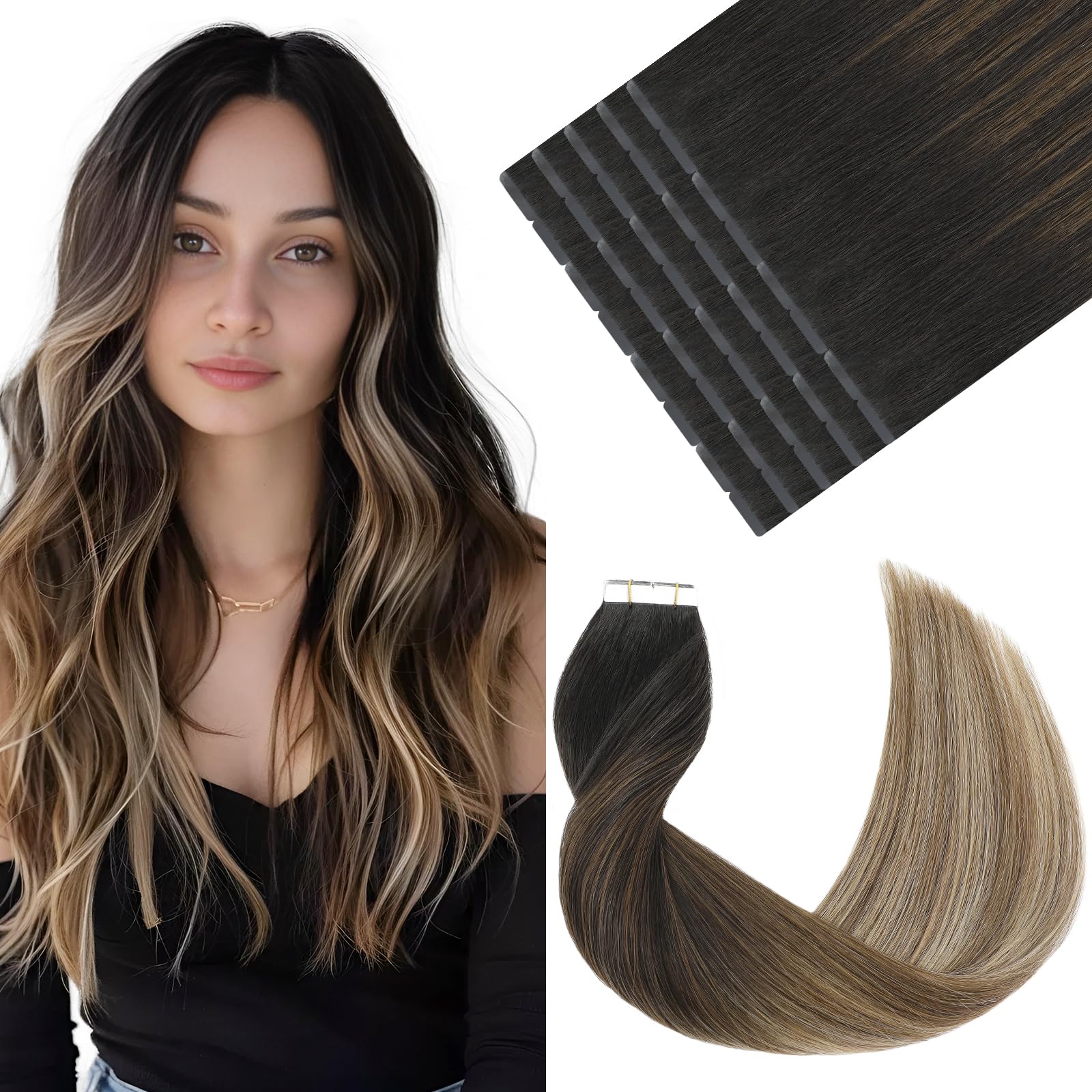 VINBAO Tape in Hair Extensions Human Hair Skin Weft 1B Natural Black Fading to 4 Chocolate Brown and 27 Honey Blonde Hair 20pcs 50g Tape in Hair