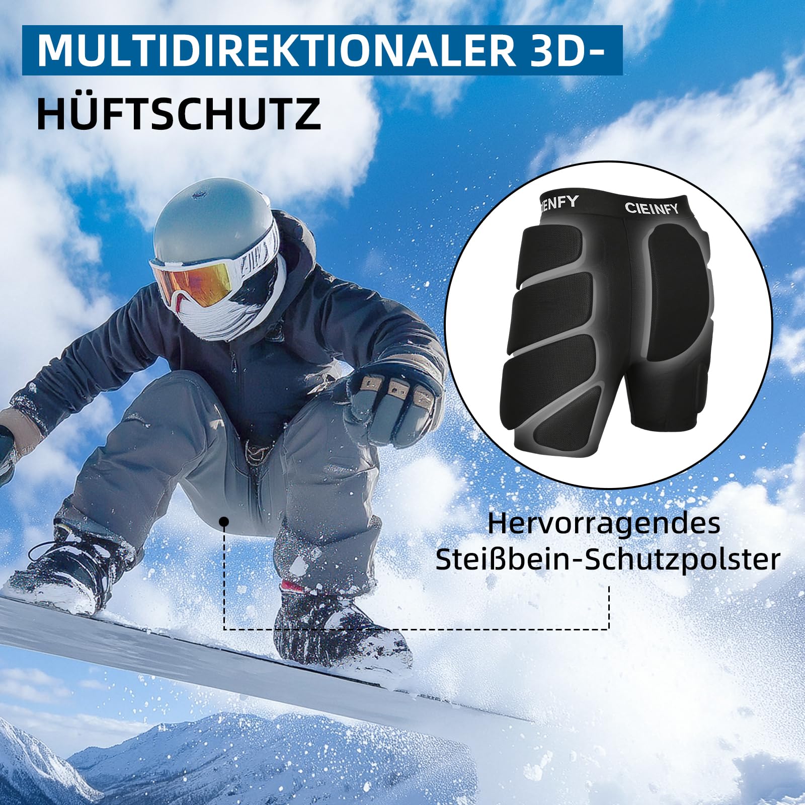 Cienfy Protektive Gepolsterte Shorts mit Eva Steißbeinpolster für Snowboard, Schlittschuh & Ski, 3D Hüftprotektor für Hüfte, Gesäß und Steißbein
