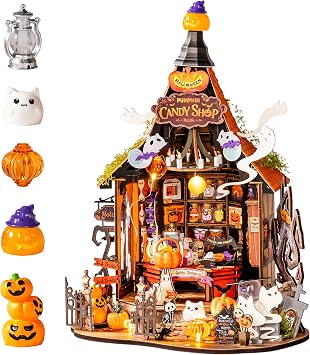 Rolife Halloween Miniature House Kit, Haunted Candy DIY Miniature with LED Diorama 1/18 Mini House Building Halloween Decorations Crafts Halloween Birthday Gift for Adults
