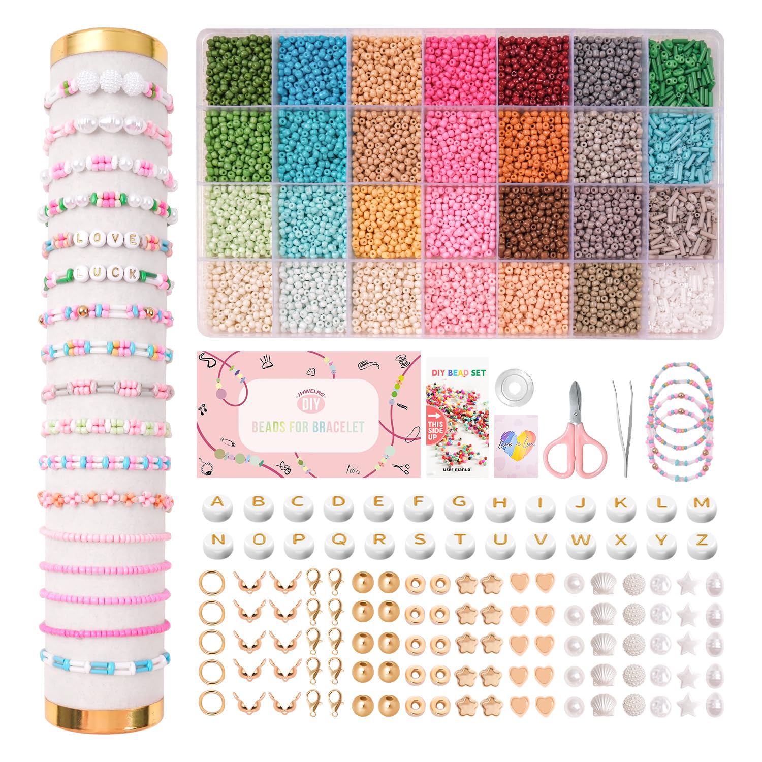 JHWELRG Perlen für Armbänder DIY Röhrenperlen 2 Löchern Perlen Set Armbänder Selber Perlen Zum Auffädeln Bastelset mit Buchstabenperlen Schmuckherstellung Kit,Geschenke für Weihnachten,Feiertag