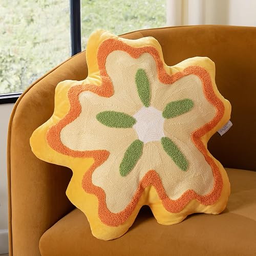 Ashler Home Deco Ashler Flower Shaped Throw Pillow, Cute Flower Cushion for Sofa, Exquisite Flower Pattern Decorative Pillows for Couch Bed Chair Floor, Machine Washable 16.5X18 in, Yellow - Yellow