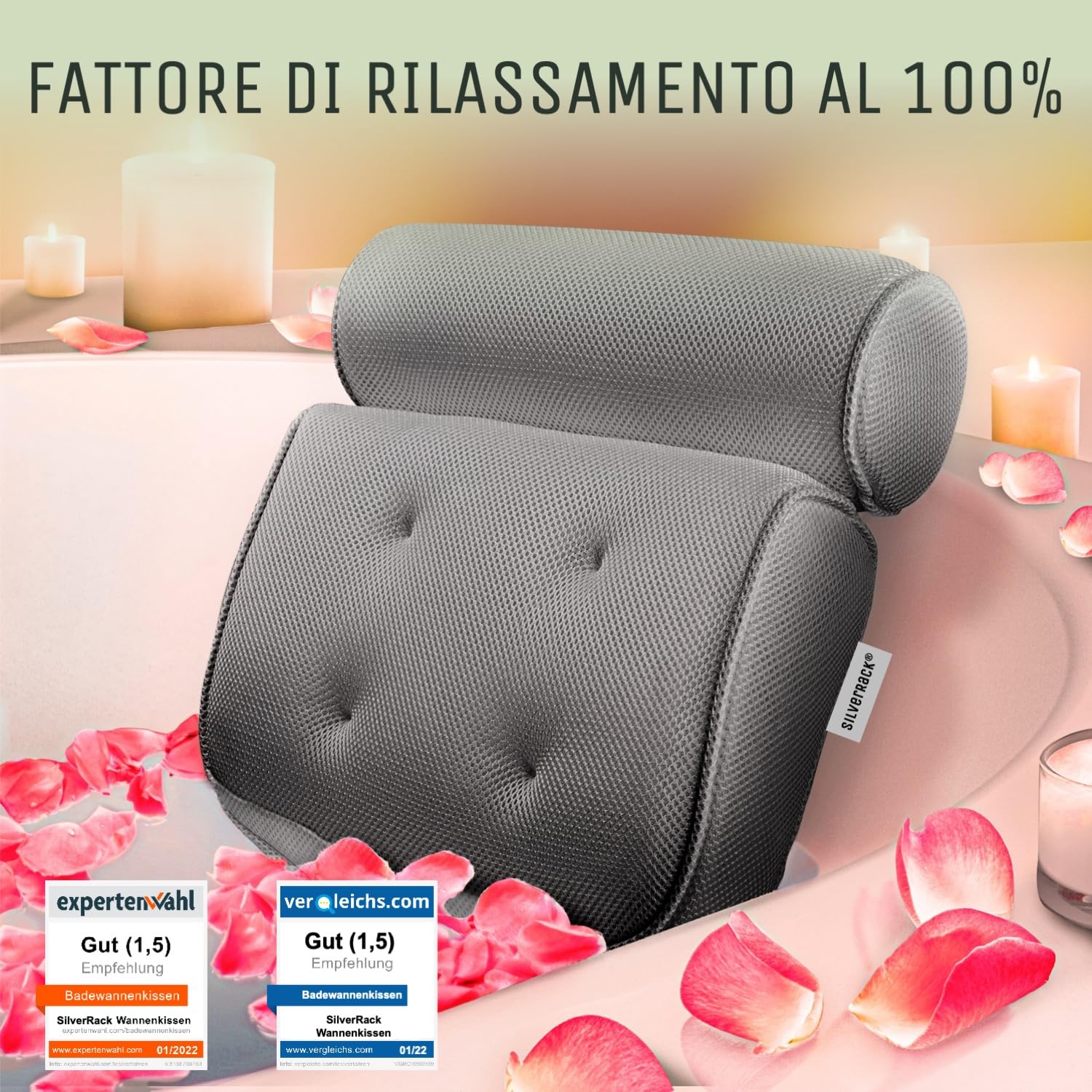 SilverRack Cuscino da bagno MEDIAMENTE MORBIDO [Grigio 3D] - Cuscino per il collo per vasca da bagno con ventose come accessorio per vasca da bagno - Cuscino per vasca da bagno